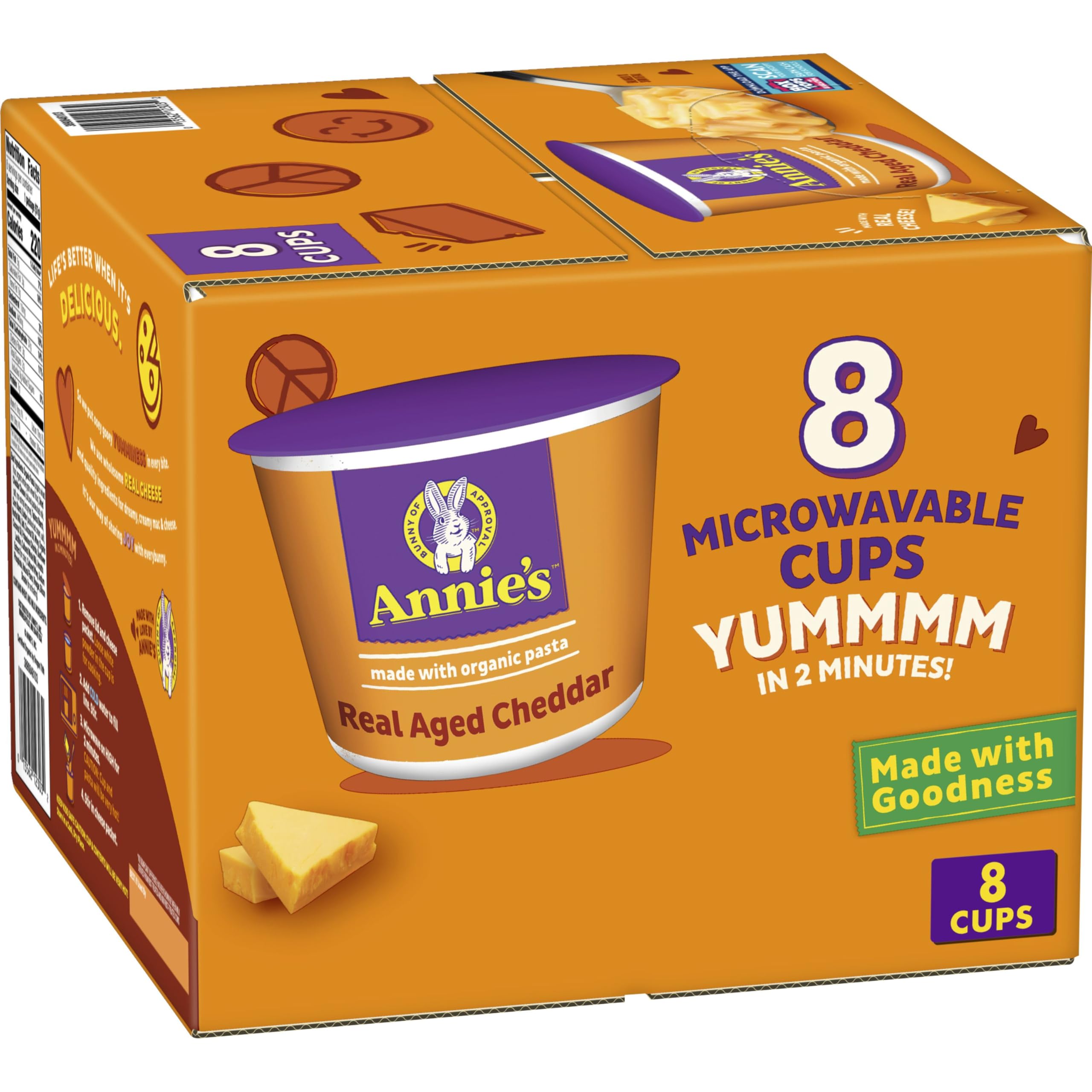 Annie's Homegrown real aged cheddar macaroni cups packaging for quick family meals