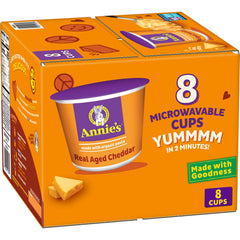 Annie's Homegrown real aged cheddar macaroni cups packaging for quick family meals