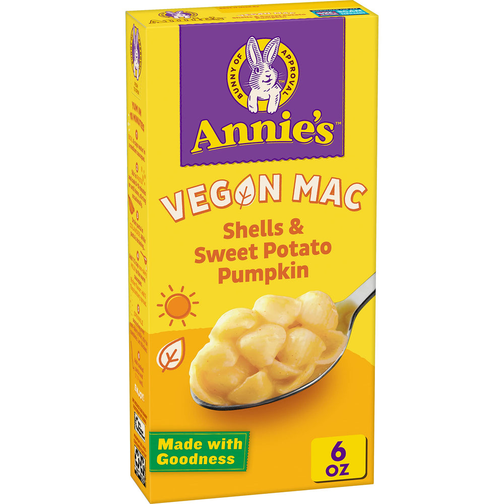 Annie's Homegrown vegan mac shells with sweet potato pumpkin, creamy and kid-friendly.