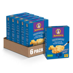 Annie's Macaroni and Classic Cheddar box front highlights a quick, kid-friendly dinner option.