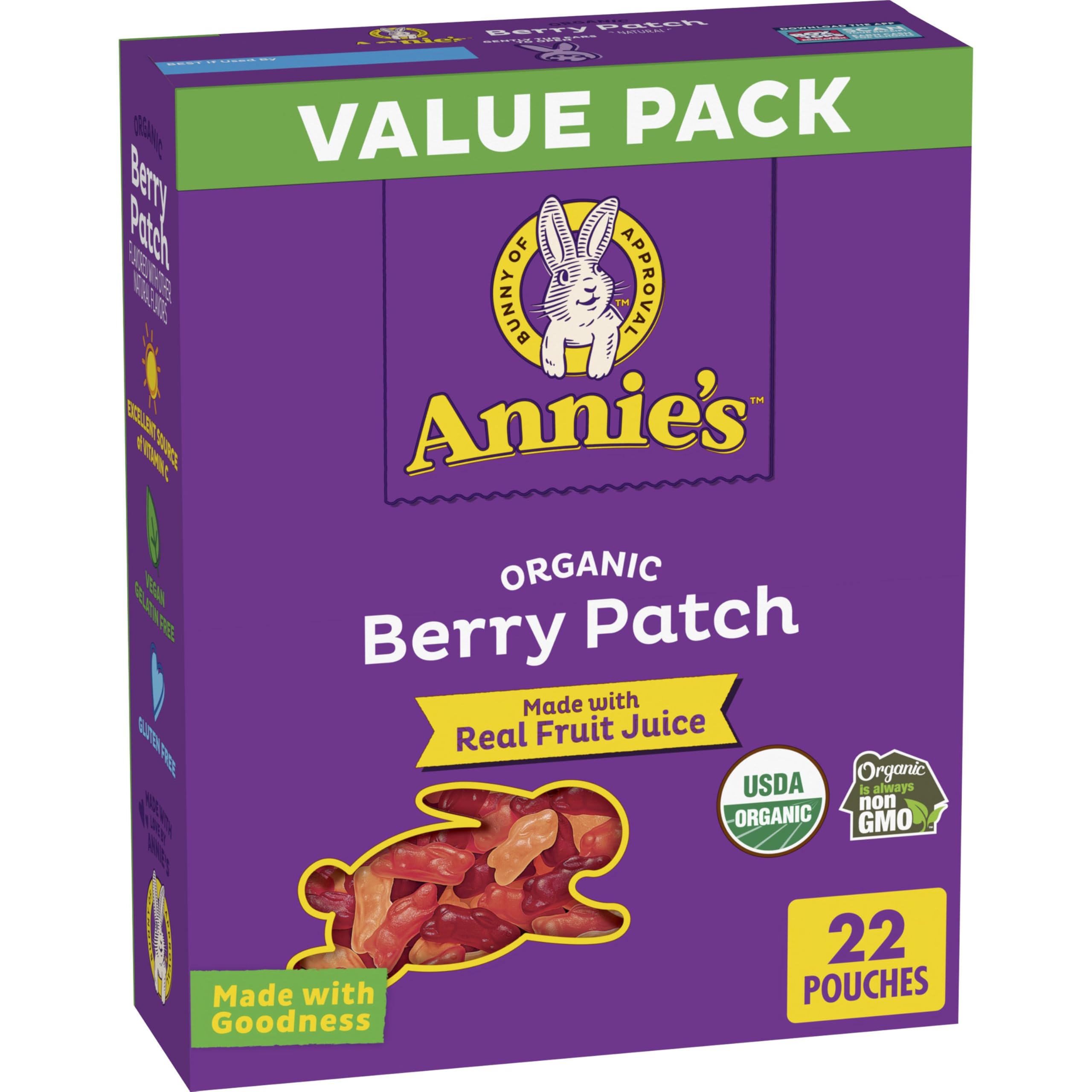 Annie's Berry Patch Bunny Snacks gummies with berry flavors and real fruit juice