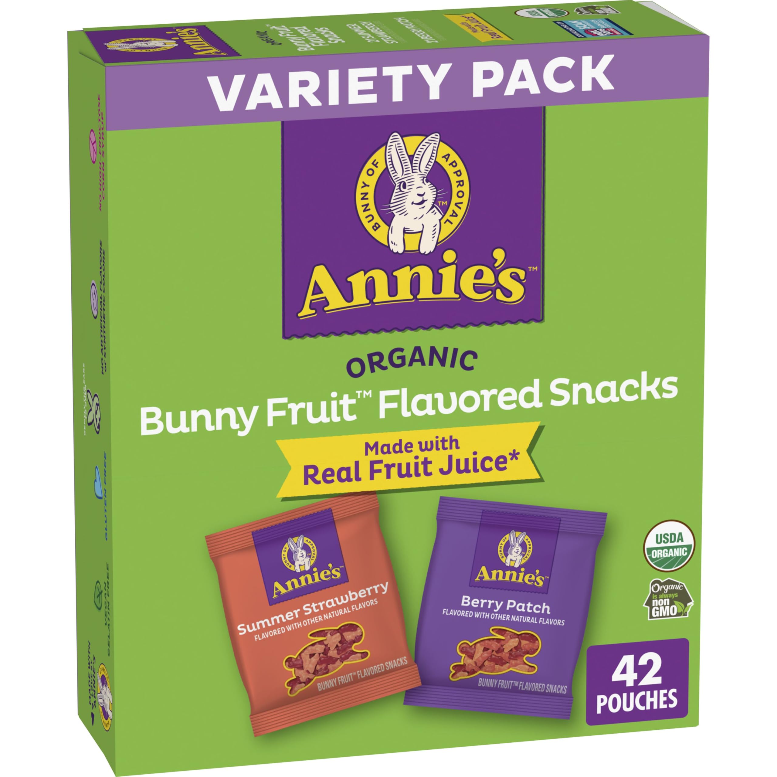 Annie's Organic Bunny Fruit Snacks box front, a convenient kid-friendly snack.