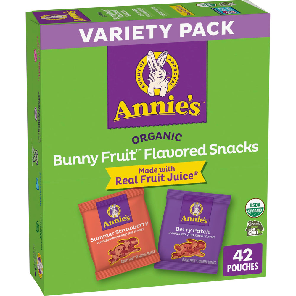 Annie's Organic Bunny Fruit Snacks box front, a convenient kid-friendly snack.