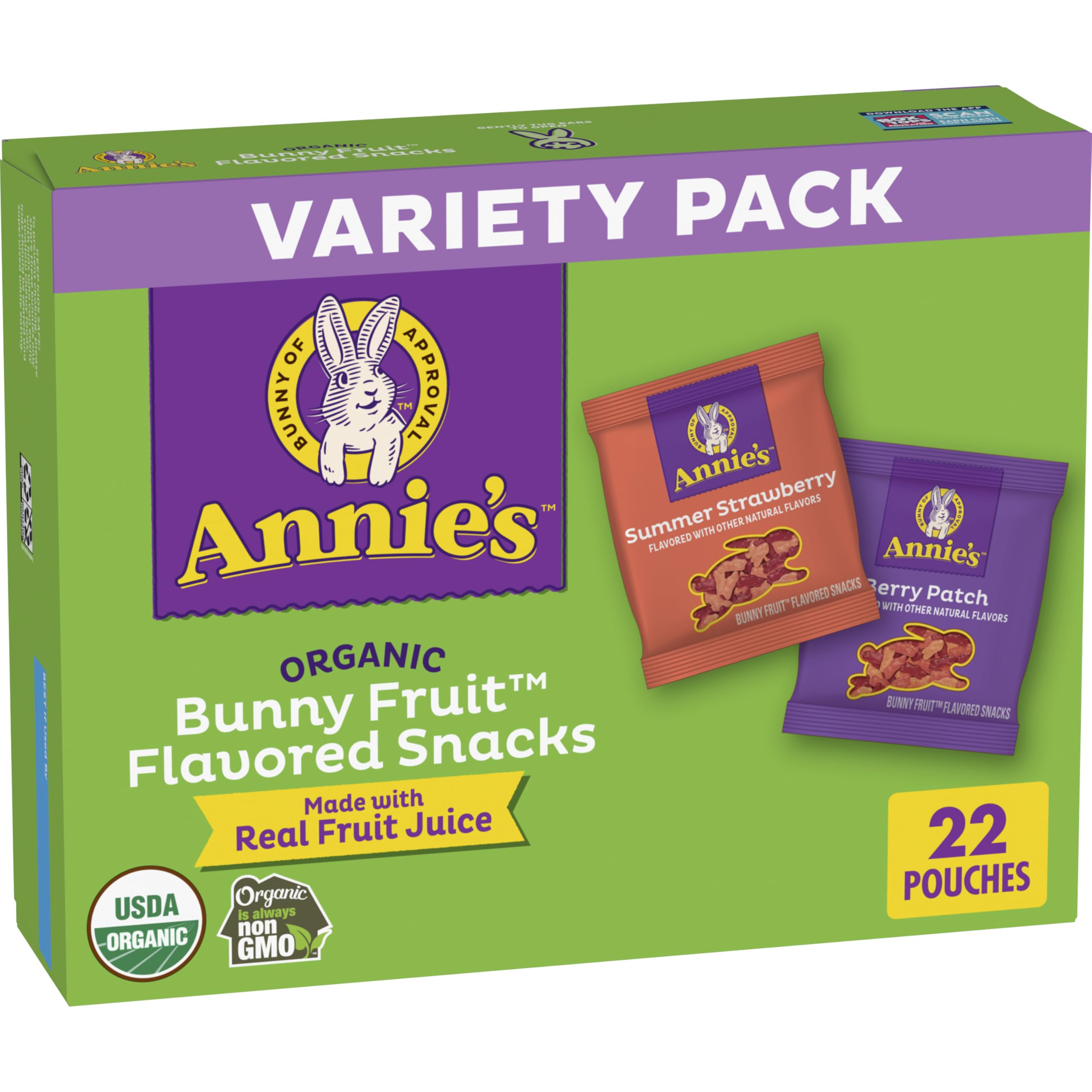 Annie's Organic Bunny Fruit Snacks Summer Strawberry pouch showing kid-friendly strawberry flavor and fun shape