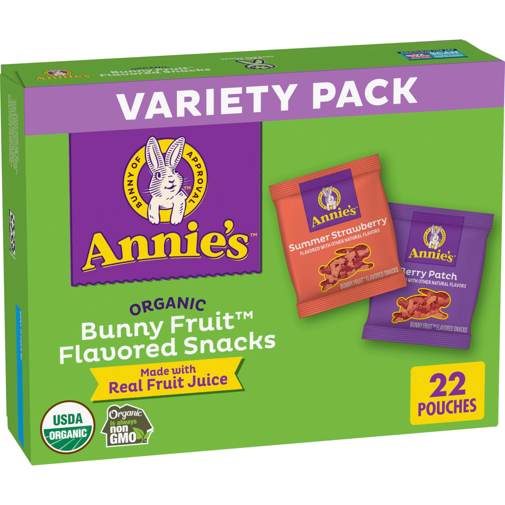 Annie's Organic Bunny Fruit Snacks Summer Strawberry pouch showing kid-friendly strawberry flavor and fun shape