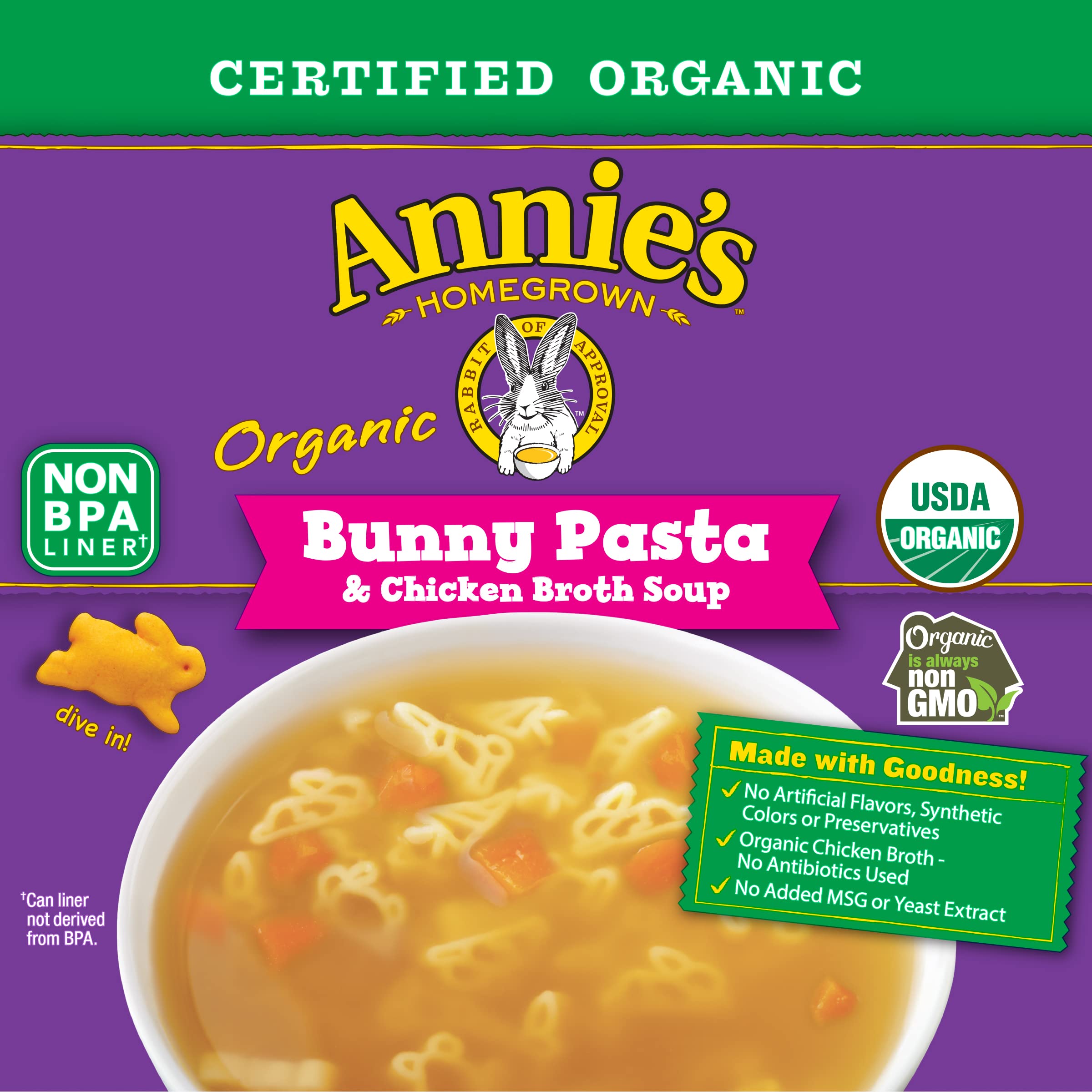 Annie's Bunny Pasta can nutrition panel shows organic ingredients.