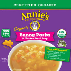 Annie's Bunny Pasta can nutrition panel shows organic ingredients.