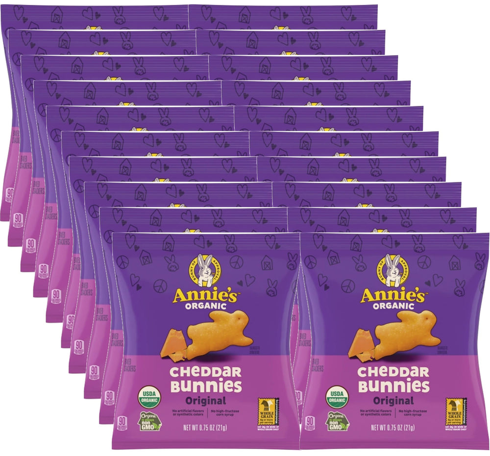 Annie's Organic Cheddar Bunny Crackers 20-pack on the shelf, ready for snacking