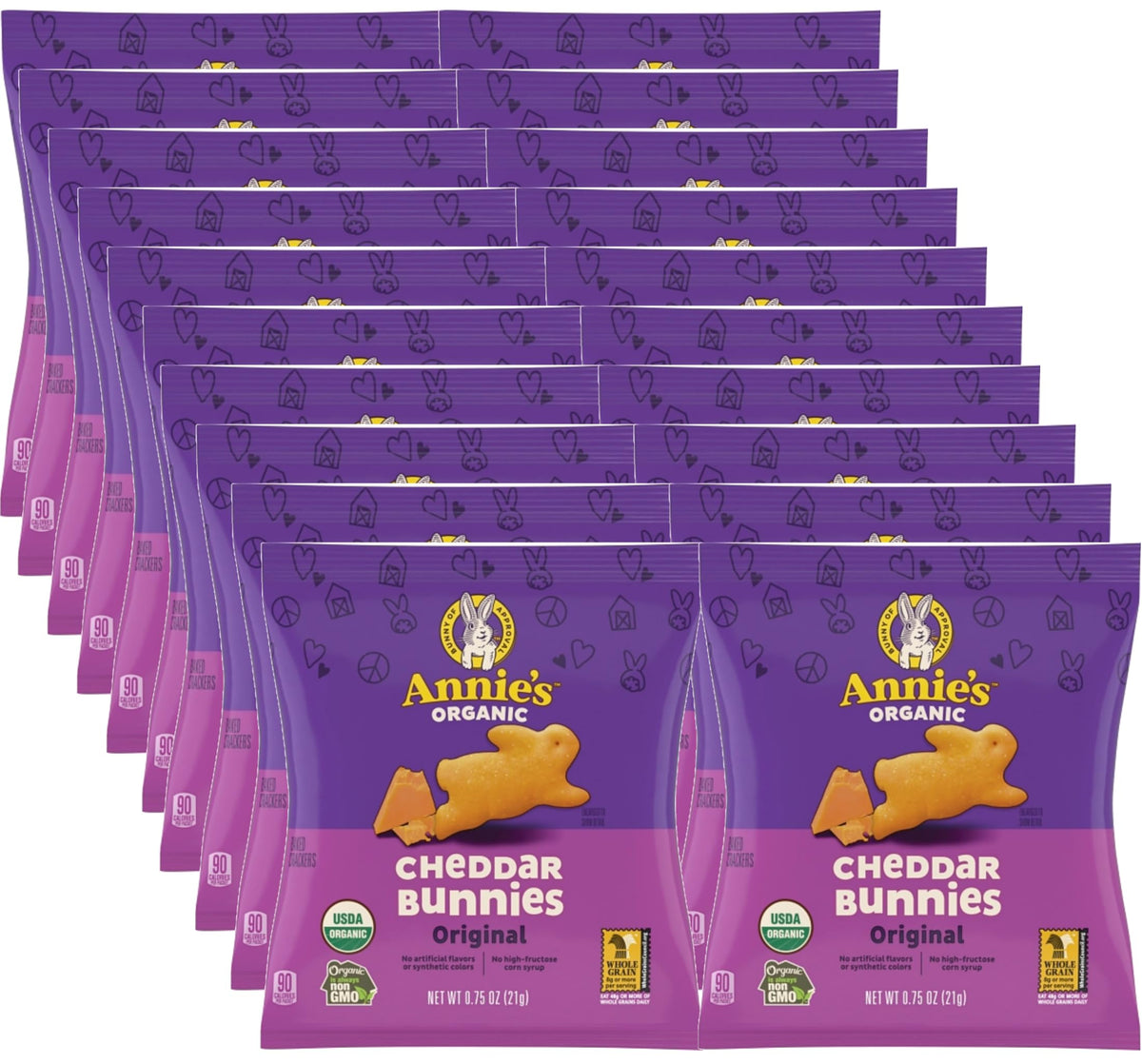 Annie's Organic Cheddar Bunny Crackers 20-pack on the shelf, ready for snacking