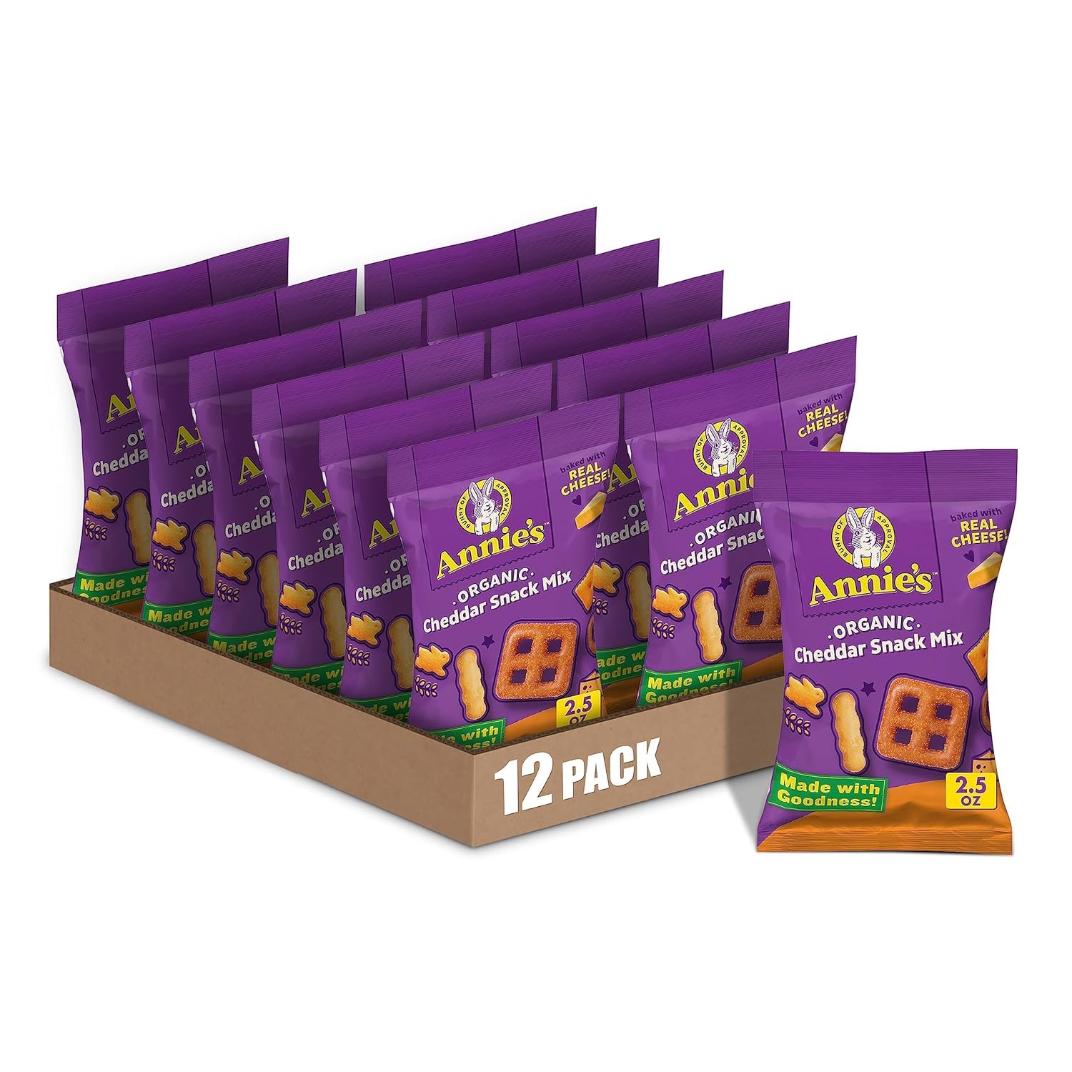 Annie’s Organic Cheddar Snack Mix bag shown, ideal for quick on-the-go snacking
