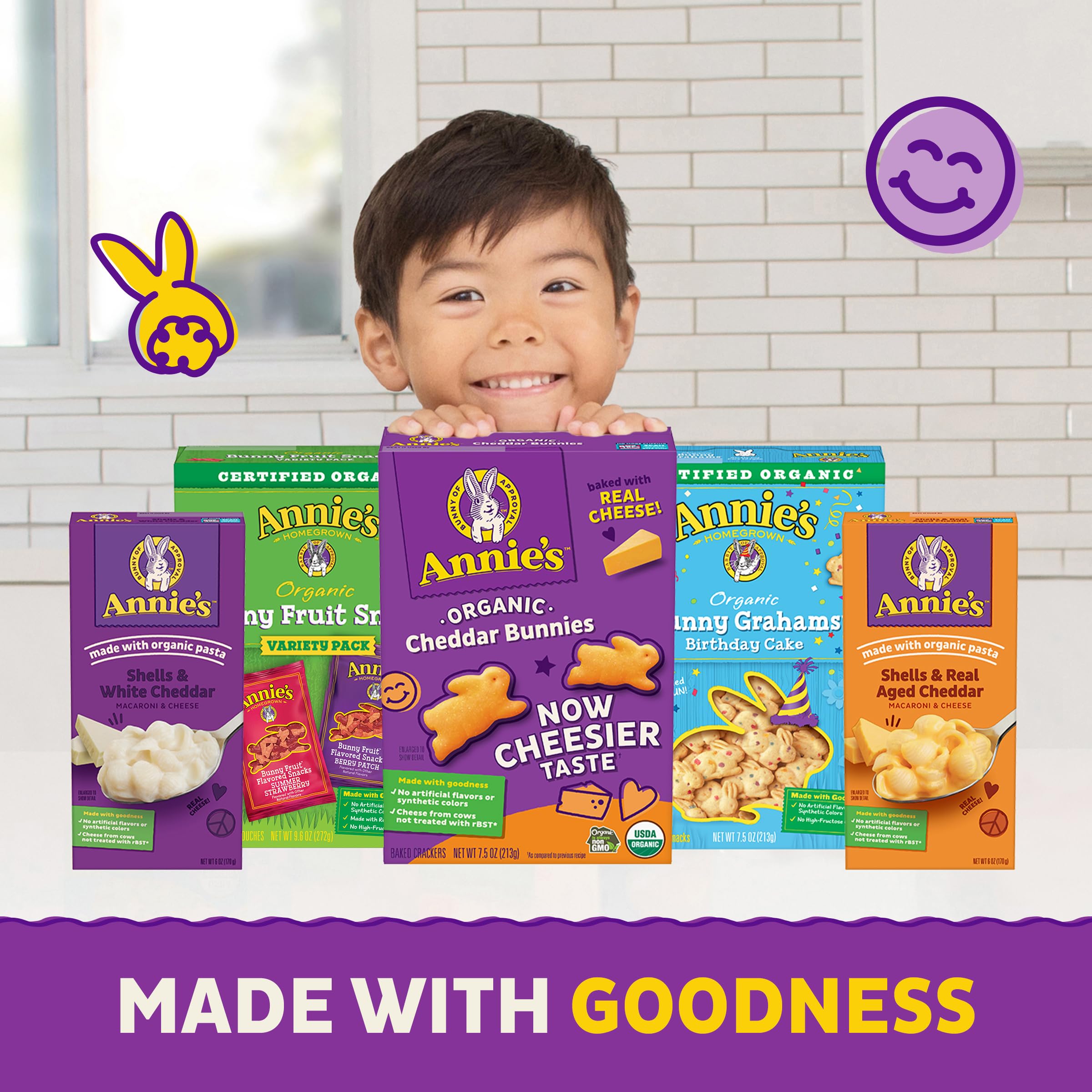 Ingredient-focused image shows real cheese and organic grains in Annie’s Snack Mix for wholesome snacking