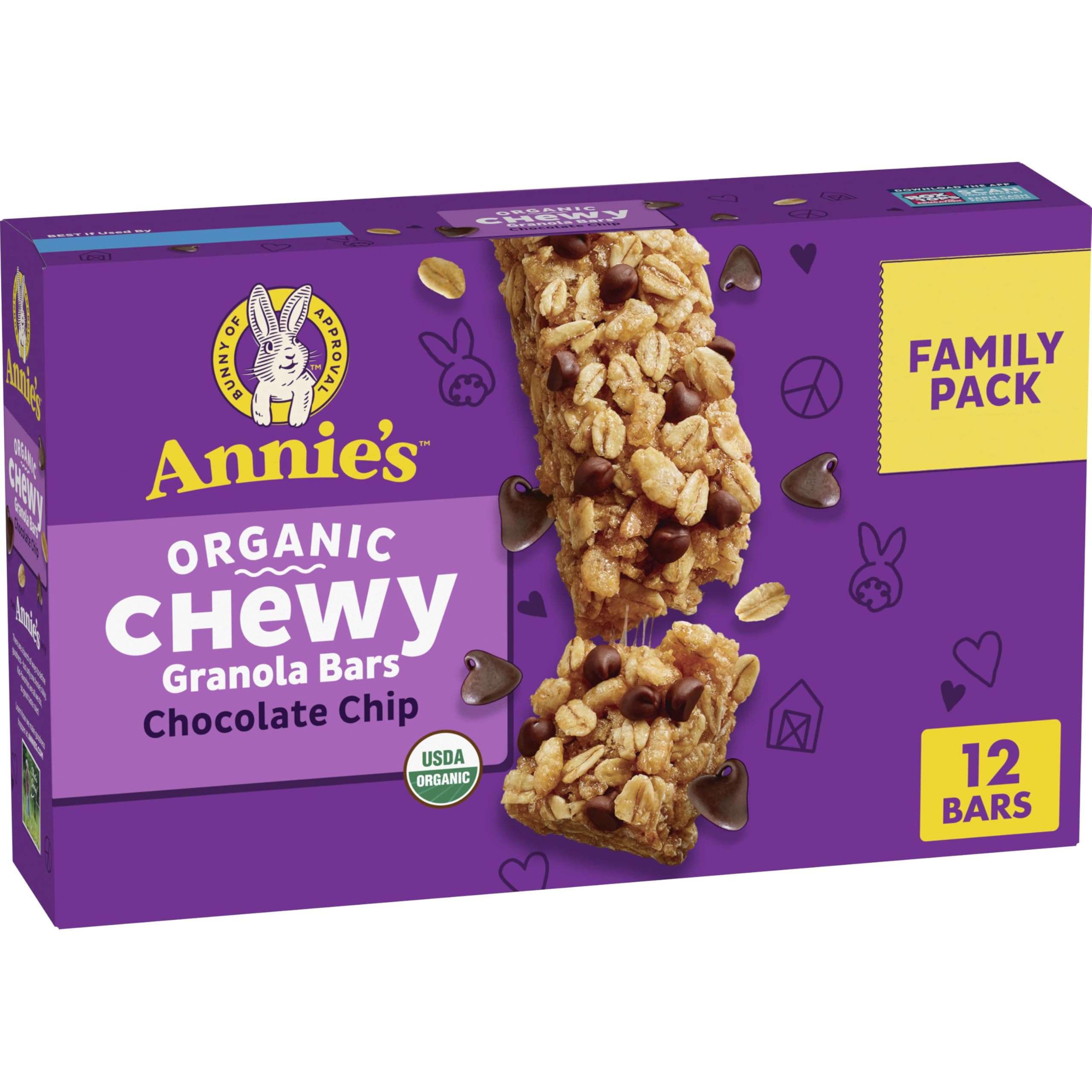 Annie's Organic Chewy Granola Bars chocolate chip packaging, ideal for on-the-go snacking.