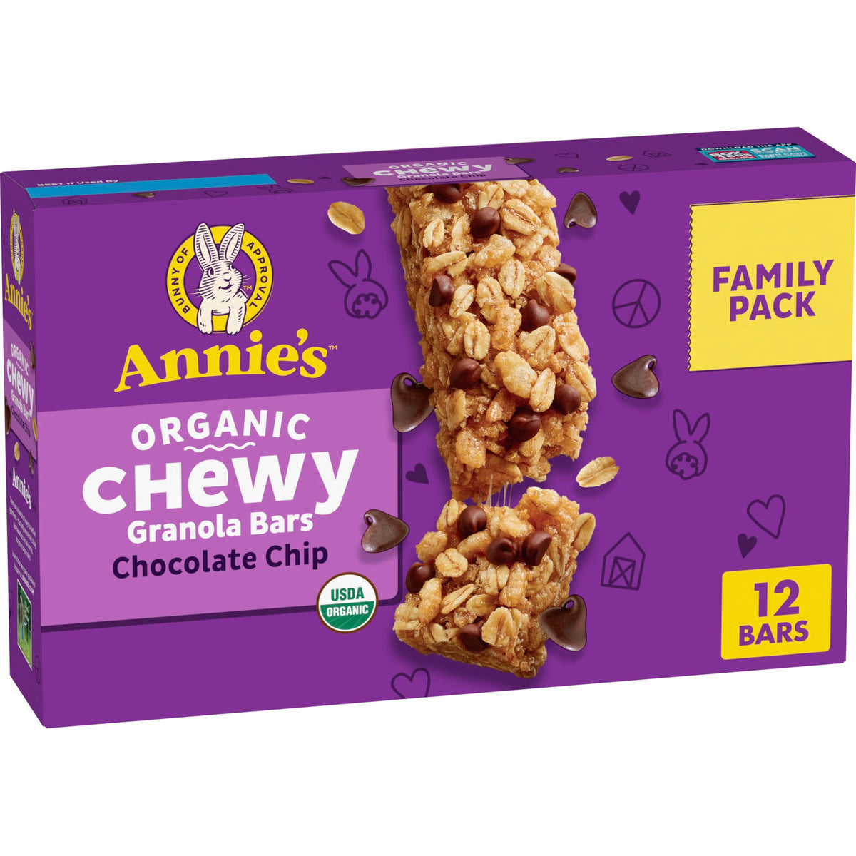 Annie's Organic Chewy Granola Bars chocolate chip packaging, ideal for on-the-go snacking.