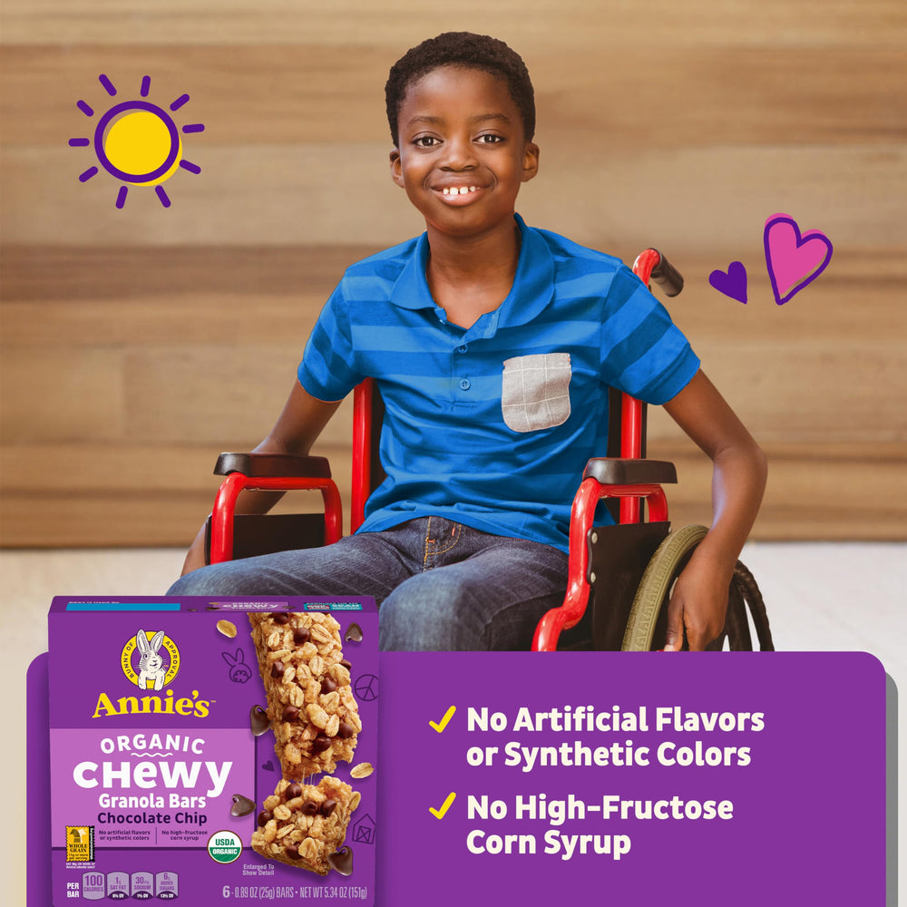 Box of Annie's Organic Chocolate Chip Chewy Bars with six bars