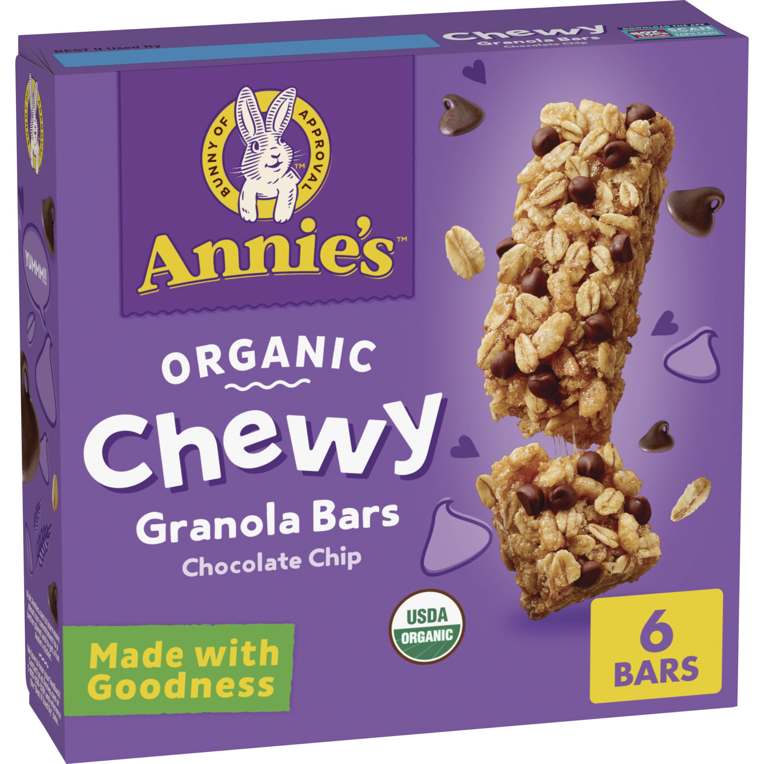 Annie's Organic Chocolate Chip Chewy Bar front view showing wholesome ingredients