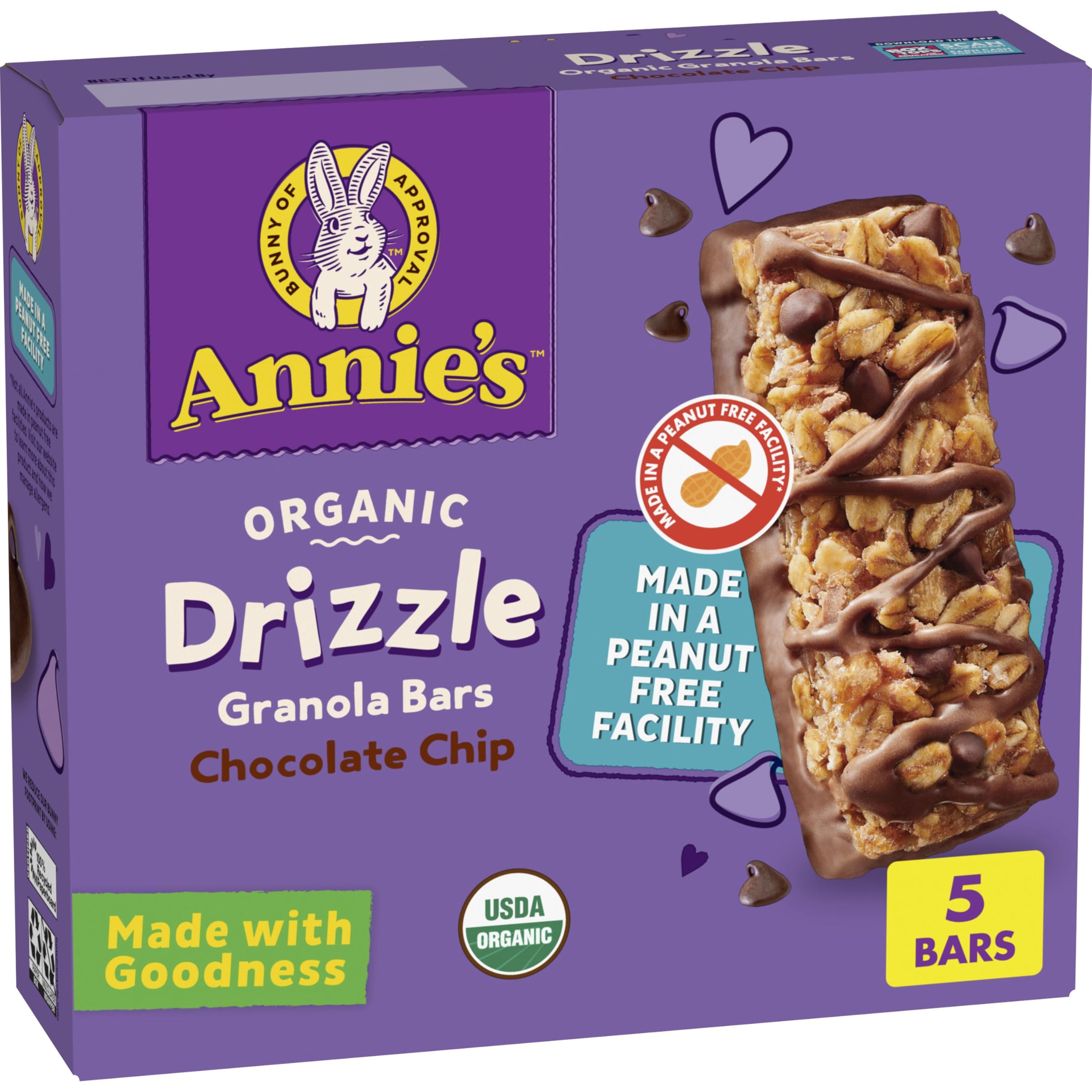 Annie's Organic Drizzle Granola Bar chocolate chip packaging, ideal for quick family snacks