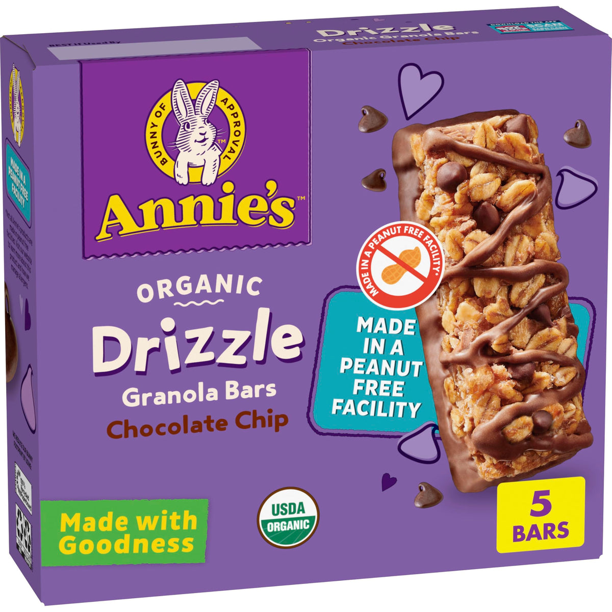 Annie's Organic Drizzle Granola Bar chocolate chip packaging, ideal for quick family snacks