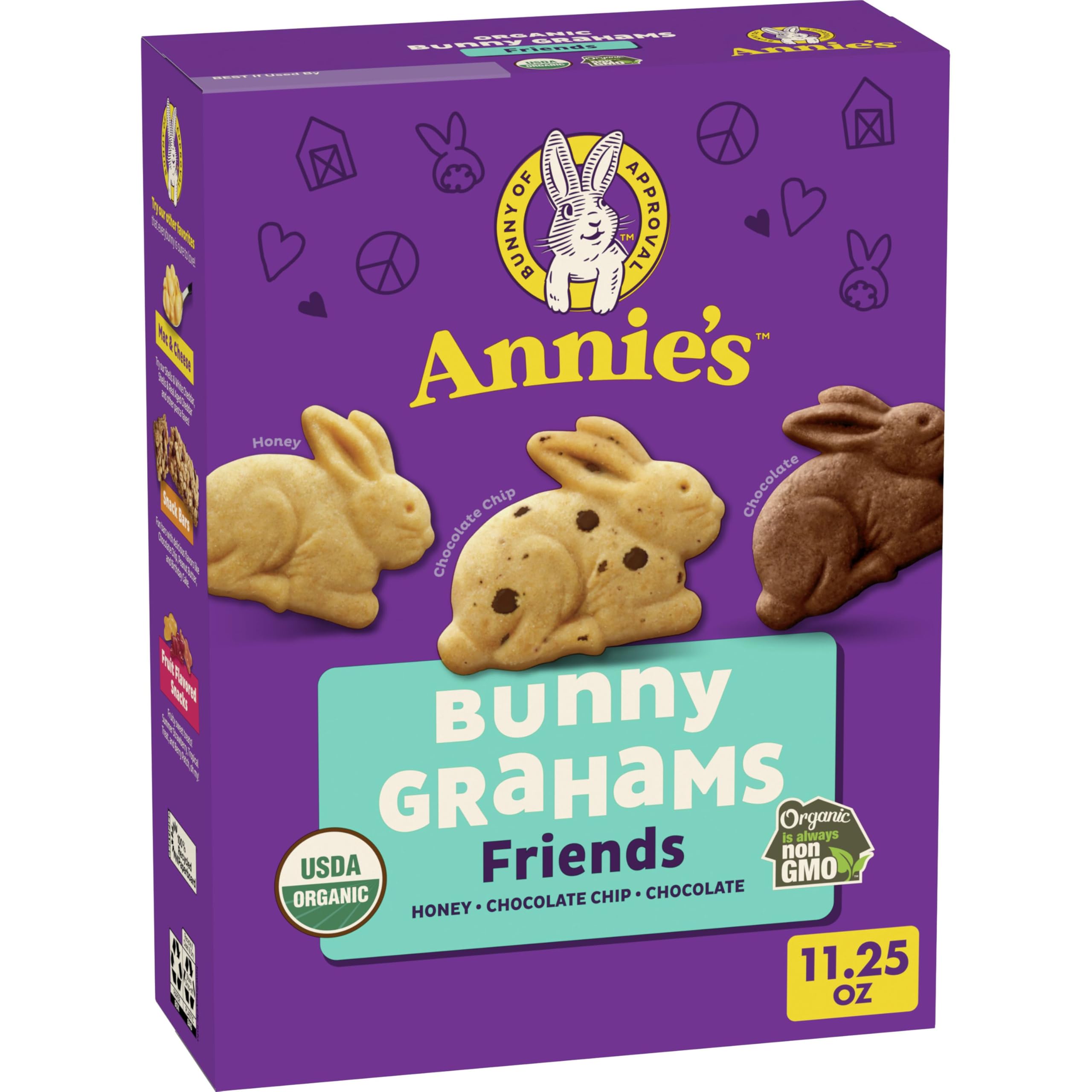 Annie's Bunny Grahams box shows three flavors for family snacking