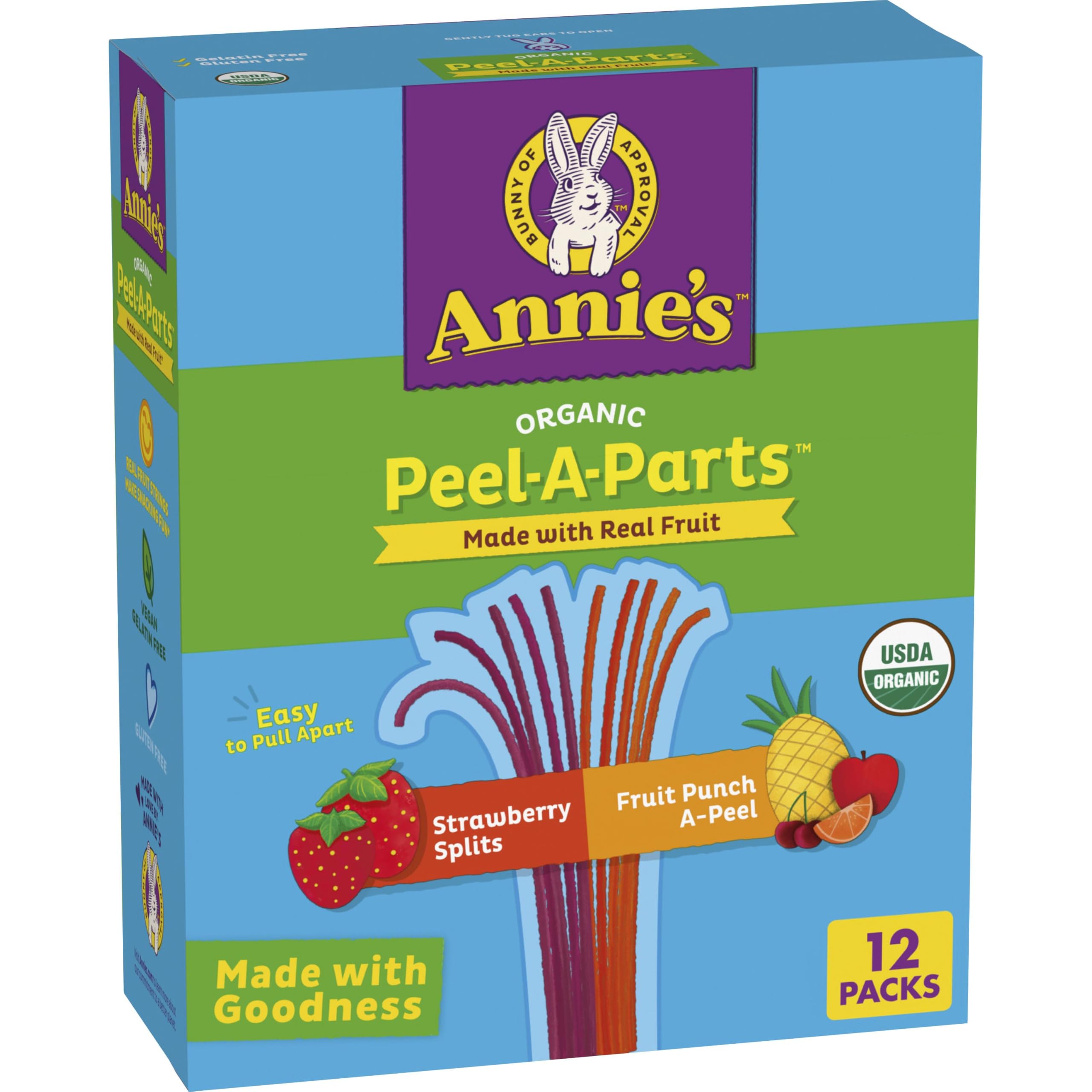 Annie's Fruit Peel-A-Parts Strawberry Splits pack, convenient on-the-go snack.