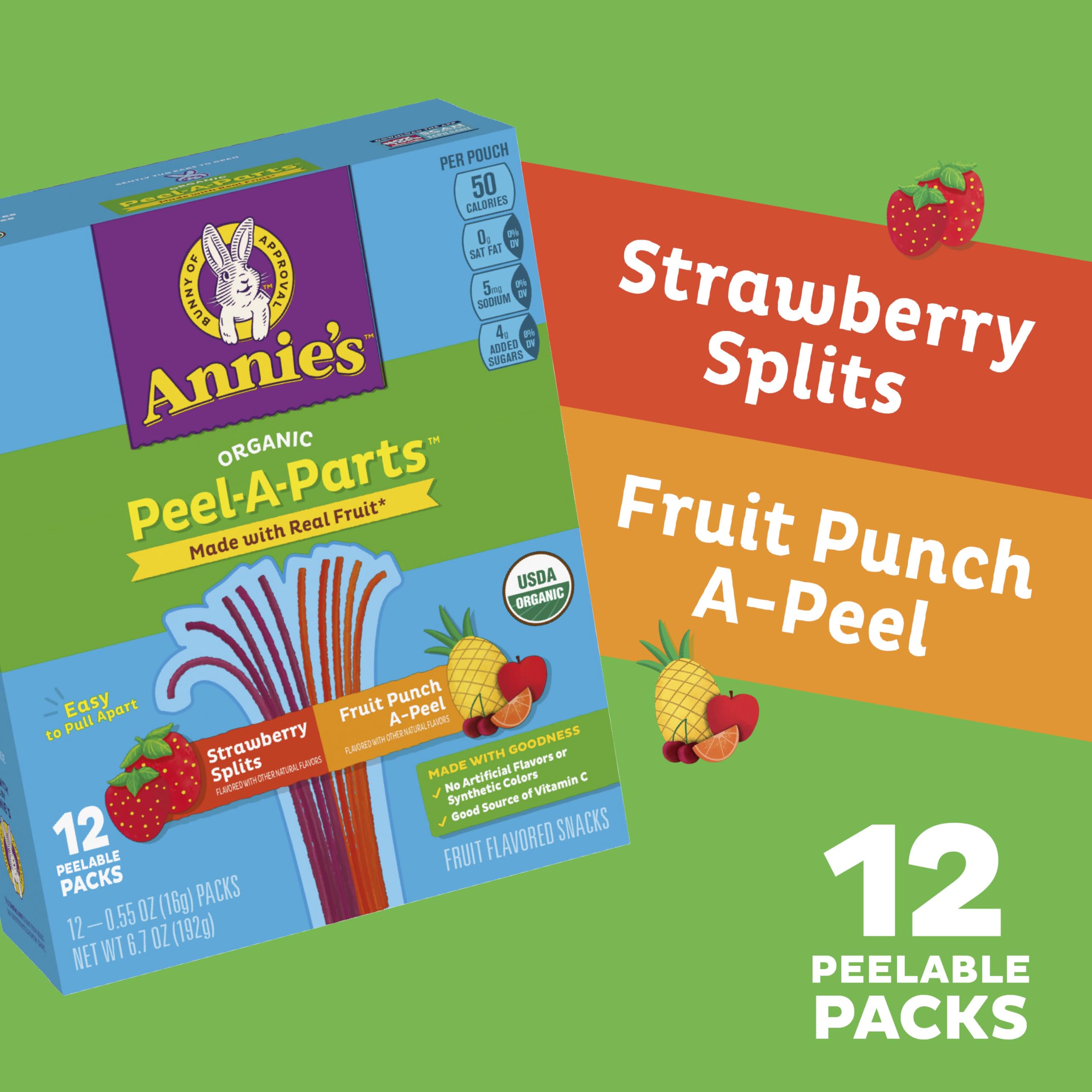 Close-up of Annie's Peel-A-Parts fruit strings, real juice flavor.