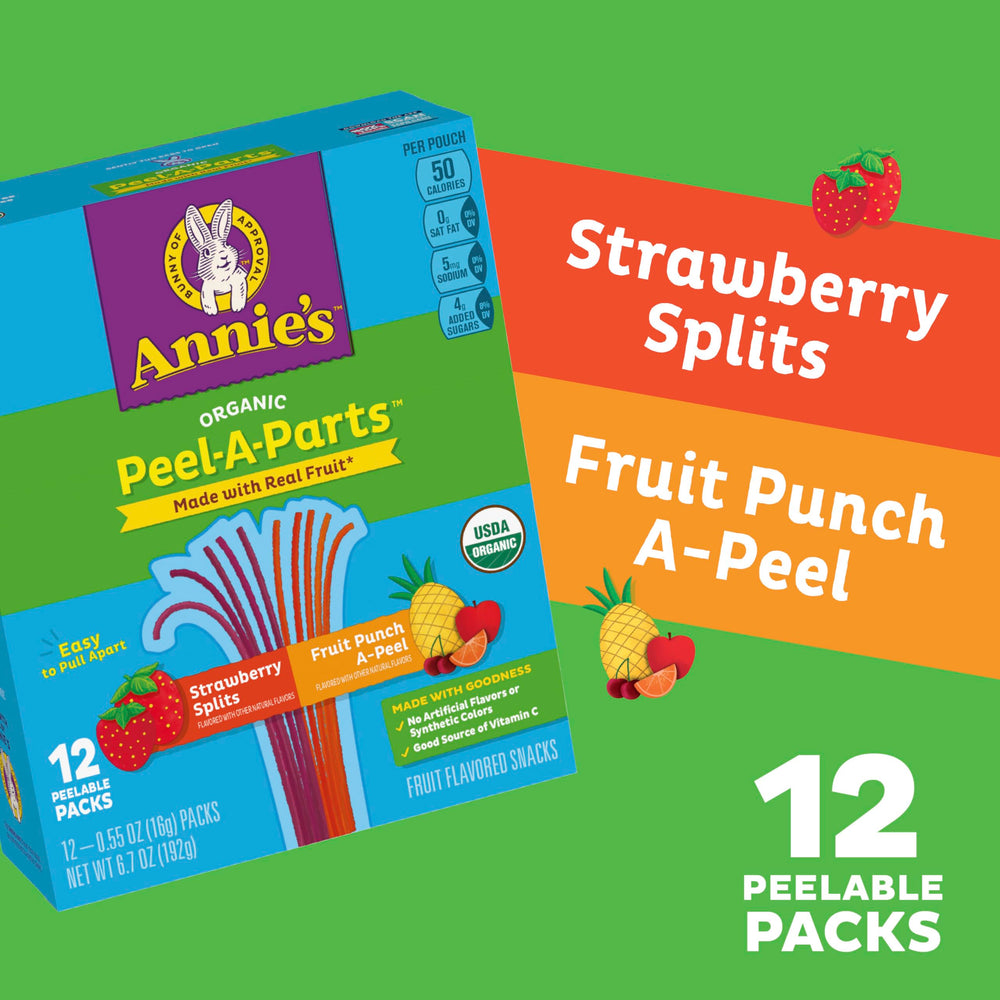 Close-up of Annie's Peel-A-Parts fruit strings, real juice flavor.