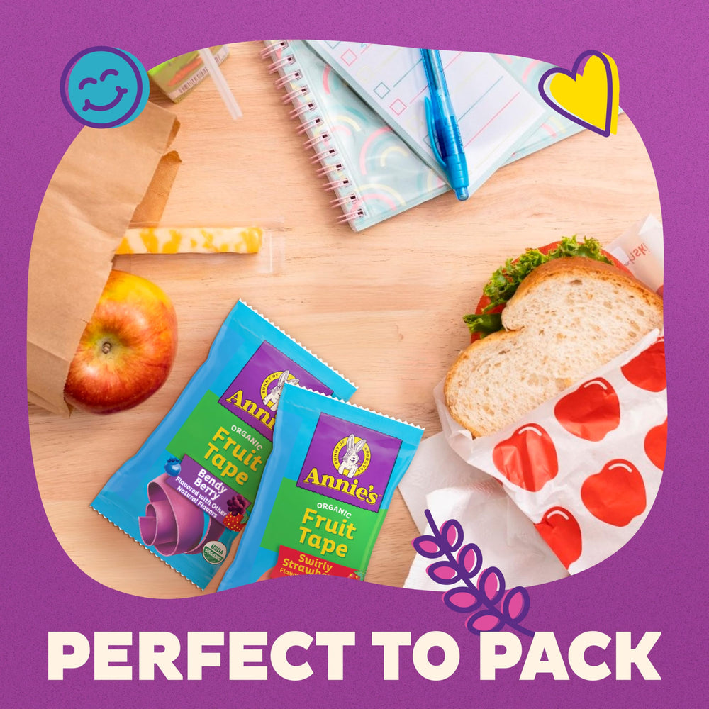 Gelatin-free icon on Annie's Organic Fruit Tape packaging.