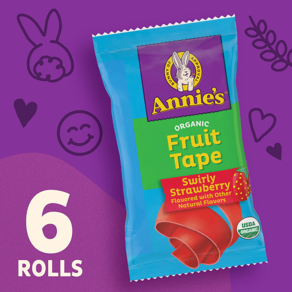 Annie's fruit tape pack displayed on a kitchen counter for quick snacks.