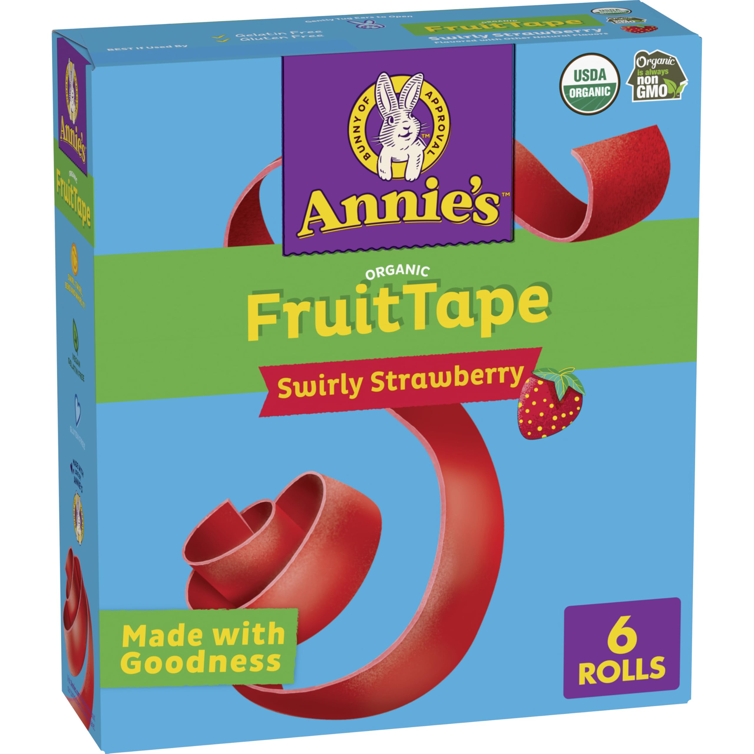 Annie's Organic Fruit Tape Swirly Strawberry box ready for lunchboxes.