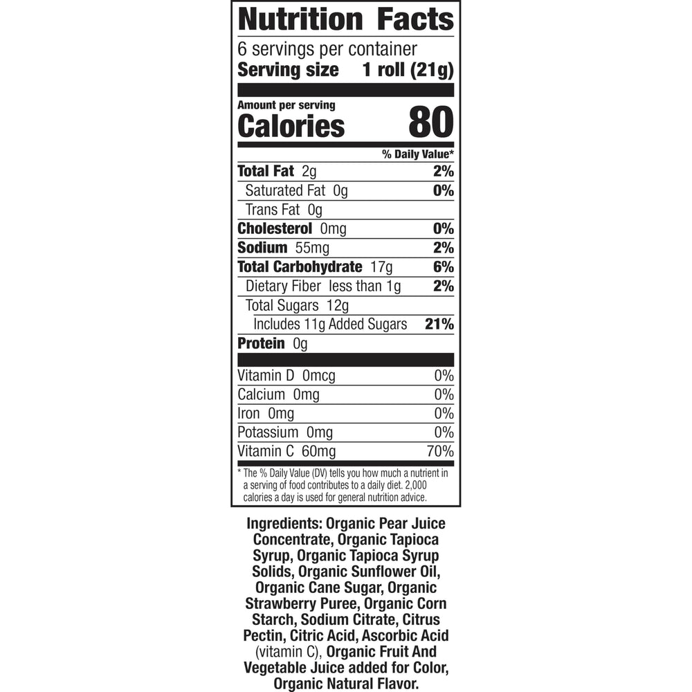 Close-up of Swirly Strawberry fruit tape highlighting organic, non-GMO ingredients.