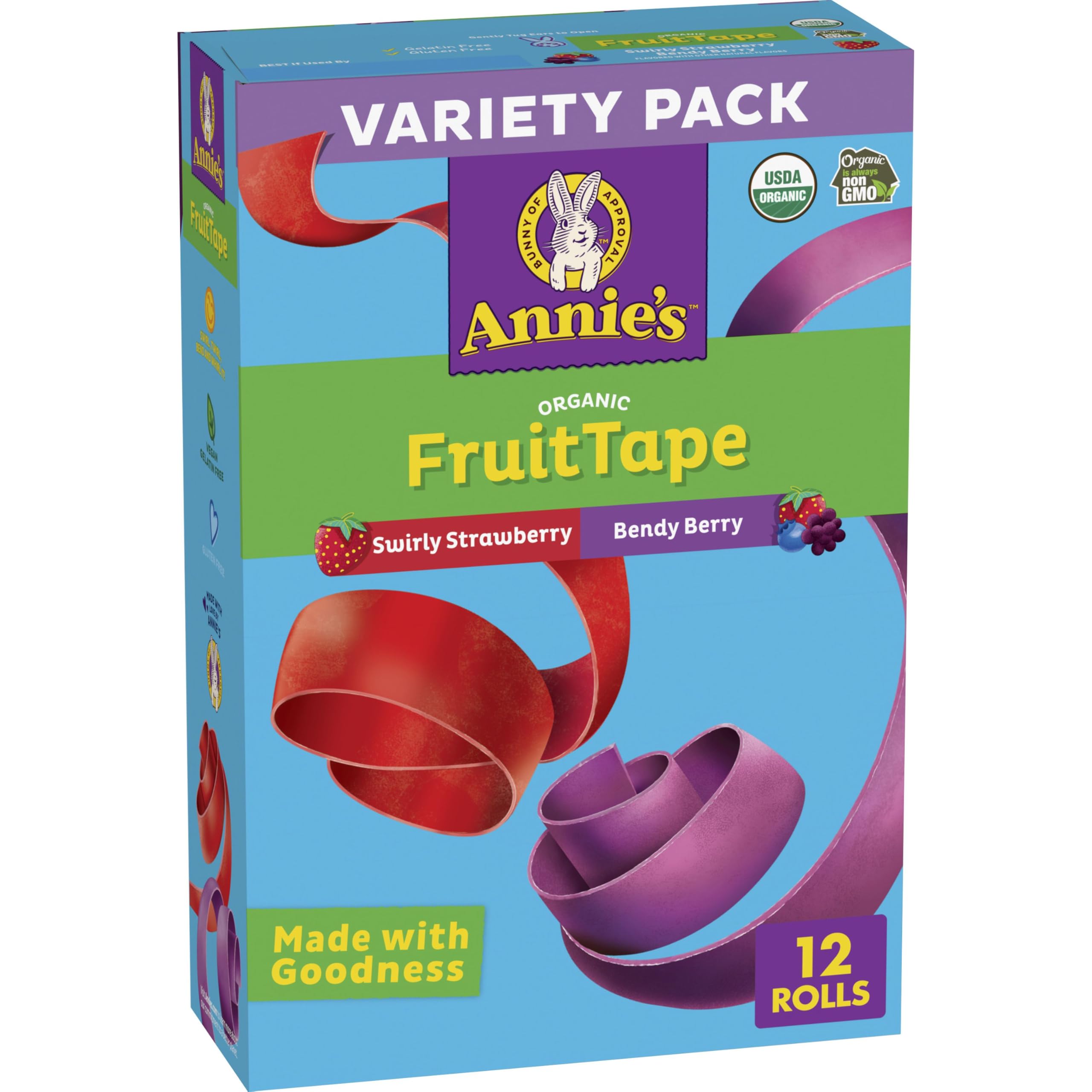 Annie's Organic Fruit Tape variety pack front view, gluten-free snack option.