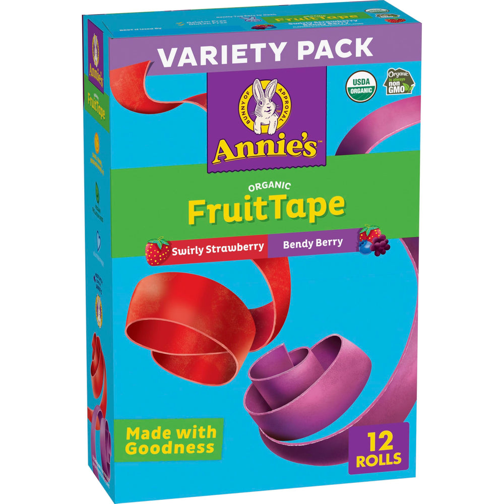 Annie's Organic Fruit Tape variety pack front view, gluten-free snack option.