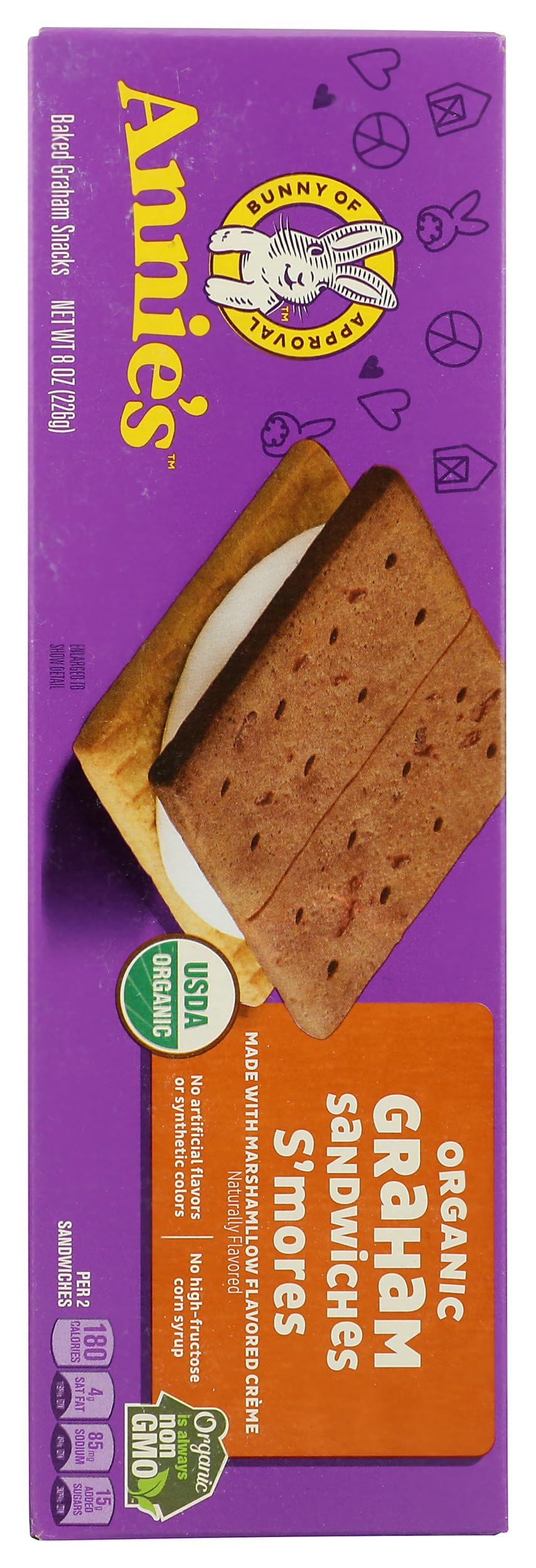 Packaging close-up of Annie's Organic Graham Sandwich Cookies highlighting non-GMO organic ingredients.