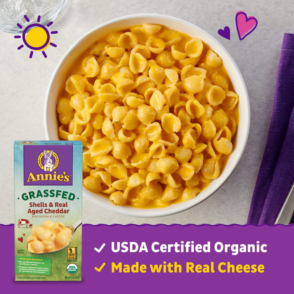 Annie's Organic Grass-Fed Shells whole grain serving promotes balanced meals.