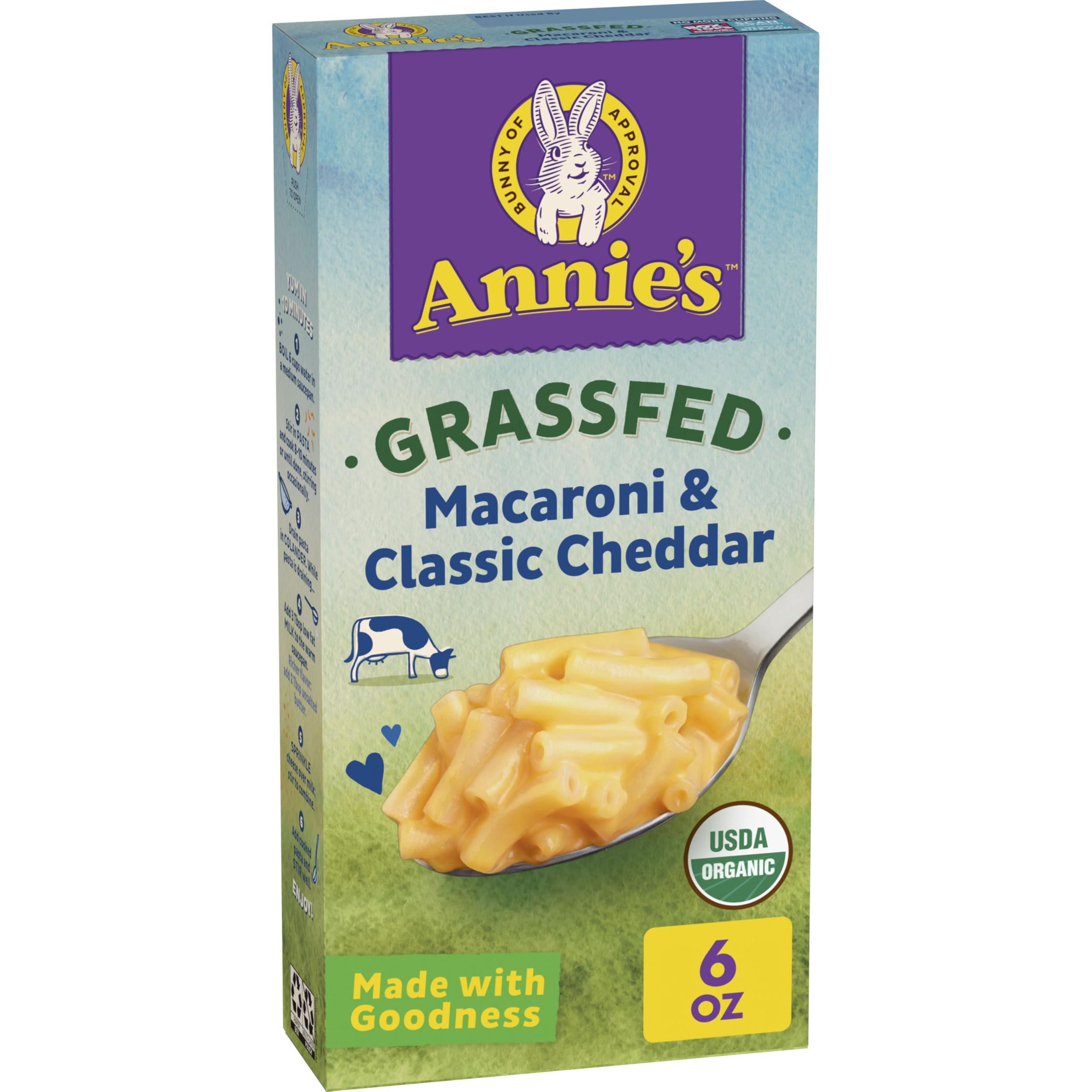 Annie's Organic Grass-Fed Macaroni box shows a kid-friendly, classic meal option.