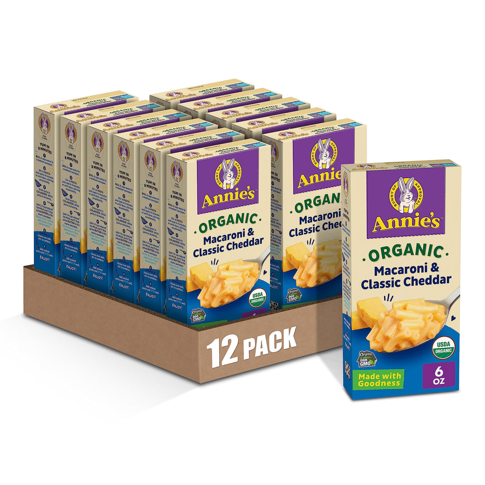 Annie's Organic Macaroni and Classic Cheddar box front — quick weeknight dinner option