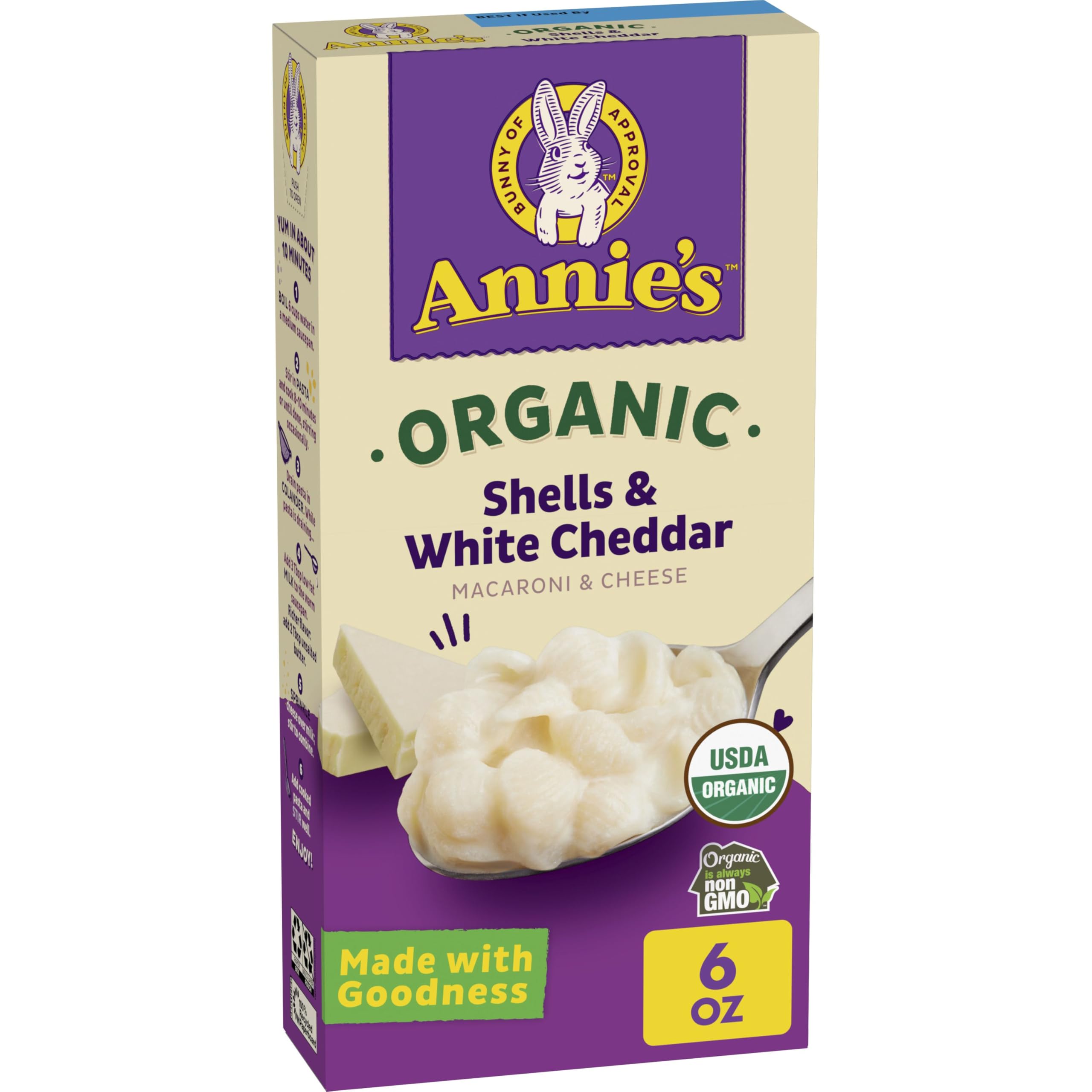 Annie's Organic Macaroni and Cheese shells with white cheddar served in a bowl for a quick family meal