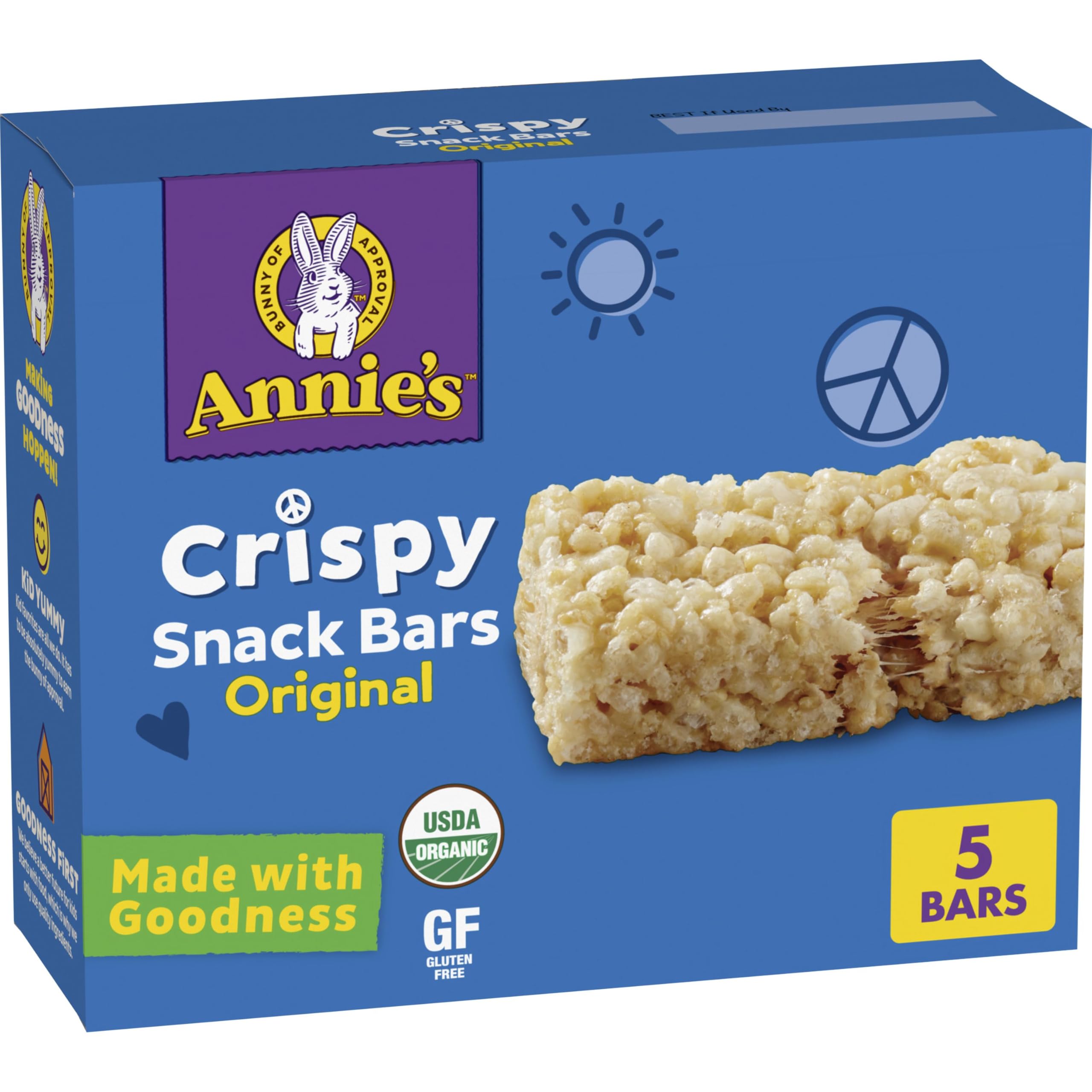 Annie's Organic Original Crispy Snack Bars packaging on a store shelf, gluten-free lunchbox option.