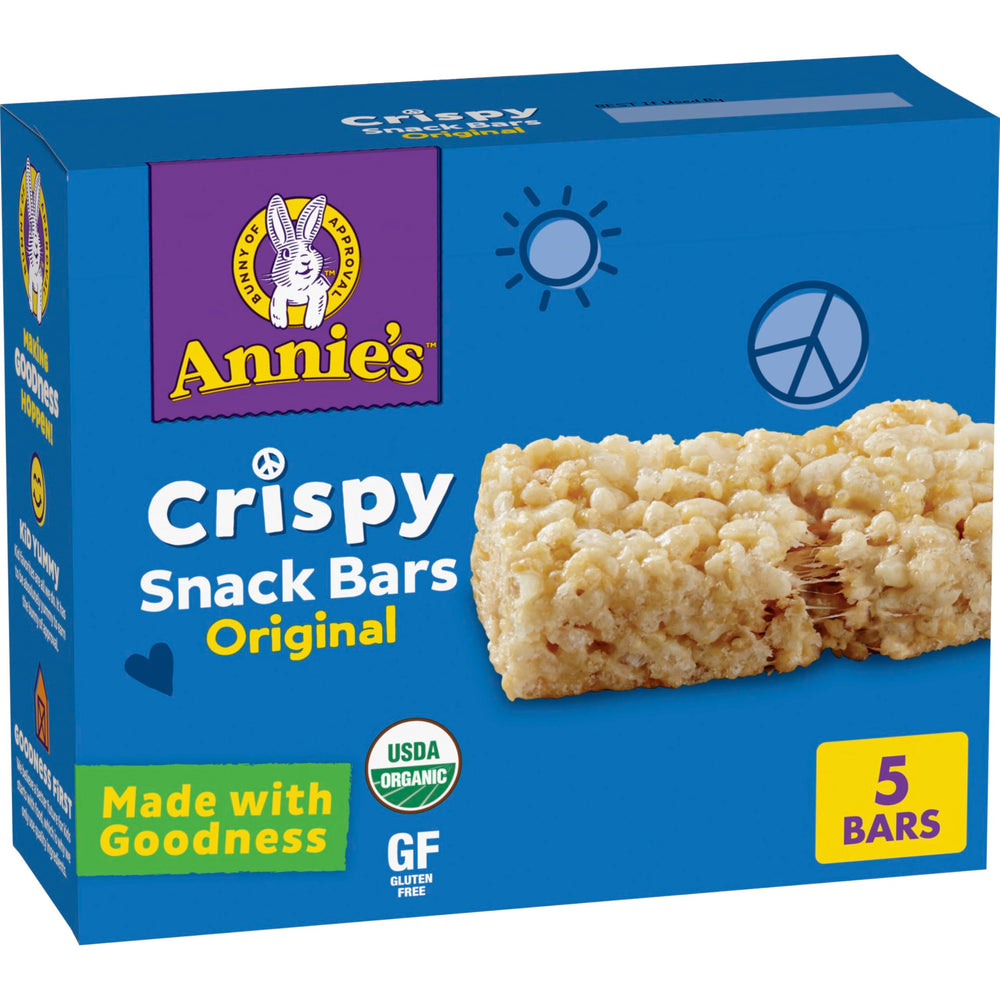 Annie's Organic Original Crispy Snack Bars packaging on a store shelf, gluten-free lunchbox option.