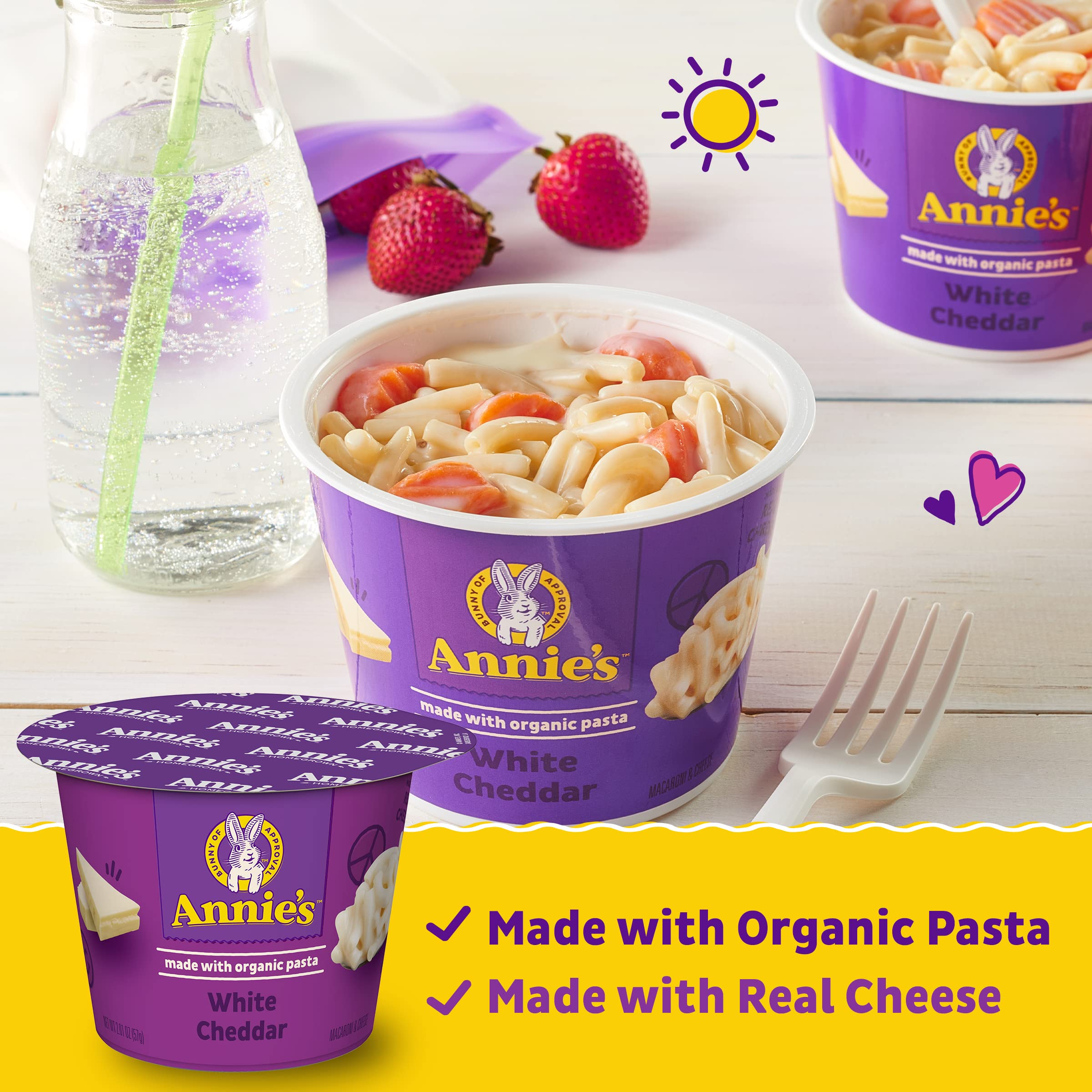 Annie's organic pasta shapes inside the cup for kid-friendly meals.