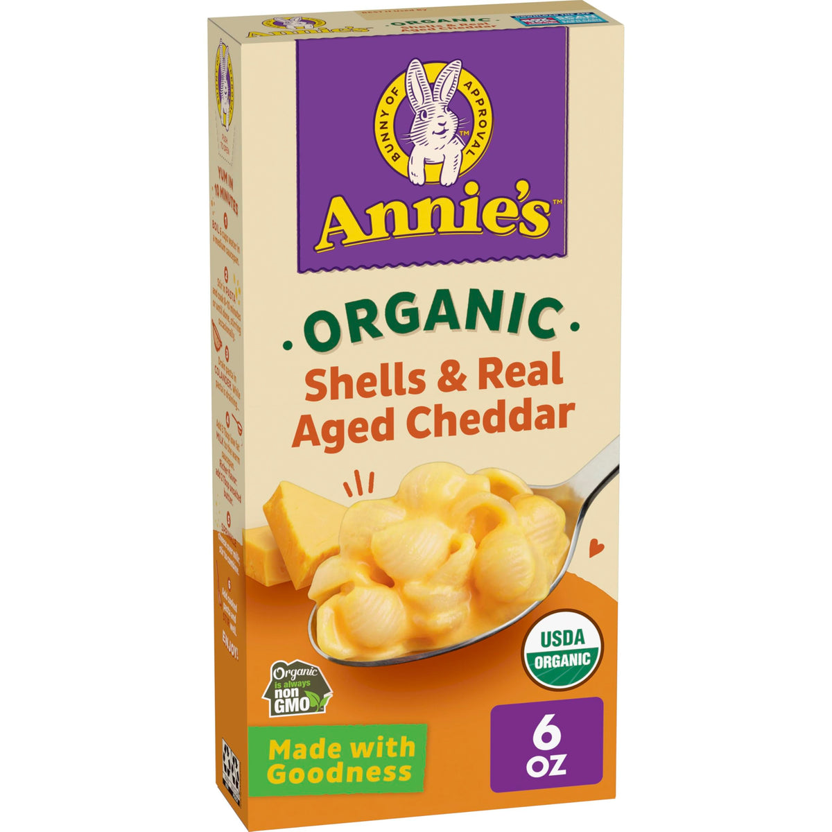 Annie's Organic Shells with Real Aged Cheddar in a creamy bowl for family dinner.
