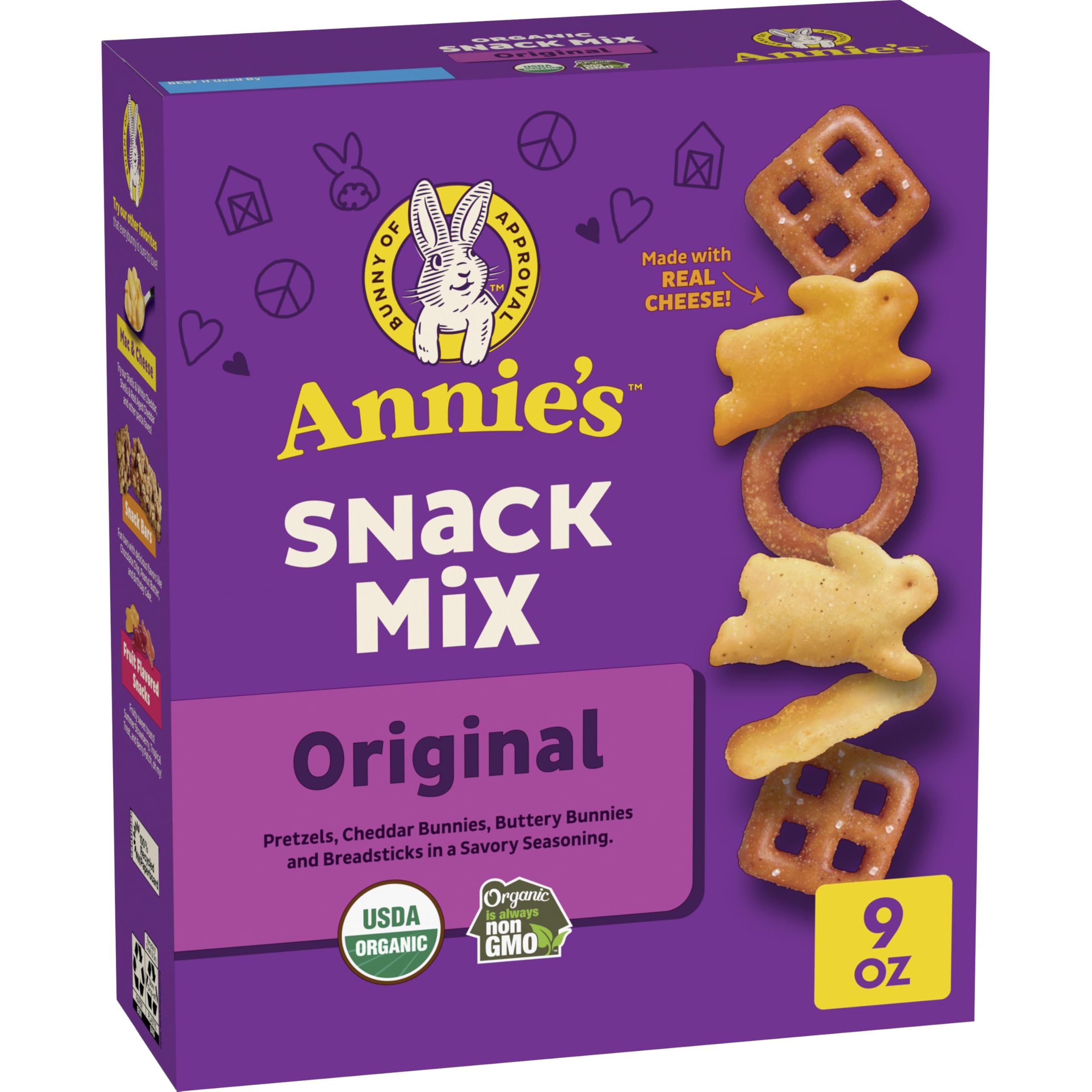 Annie's Organic Snack Mix with crackers and pretzels in a bowl, ideal for sharing