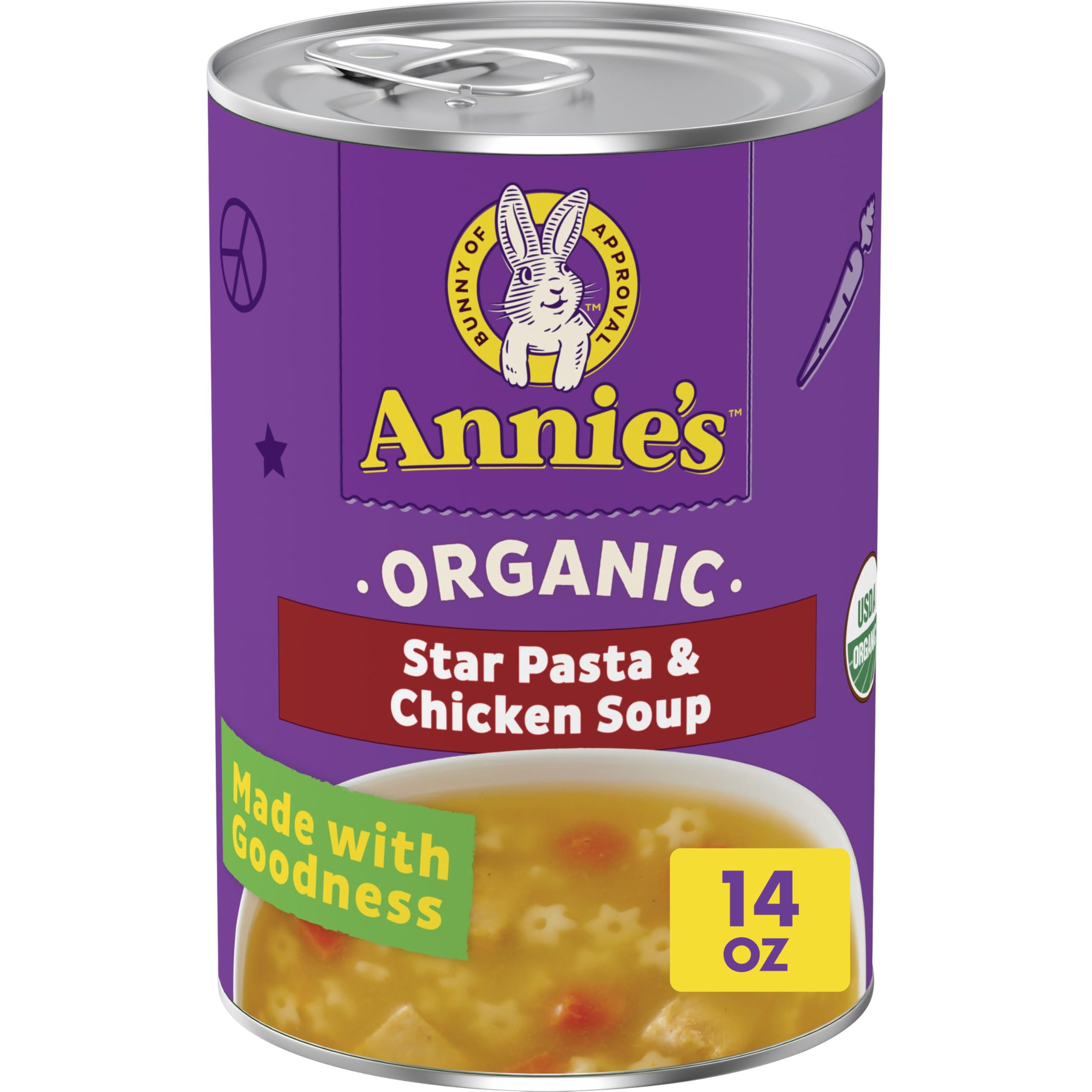 Annie’s Organic Star Pasta Chicken Soup can front, quick family meals.