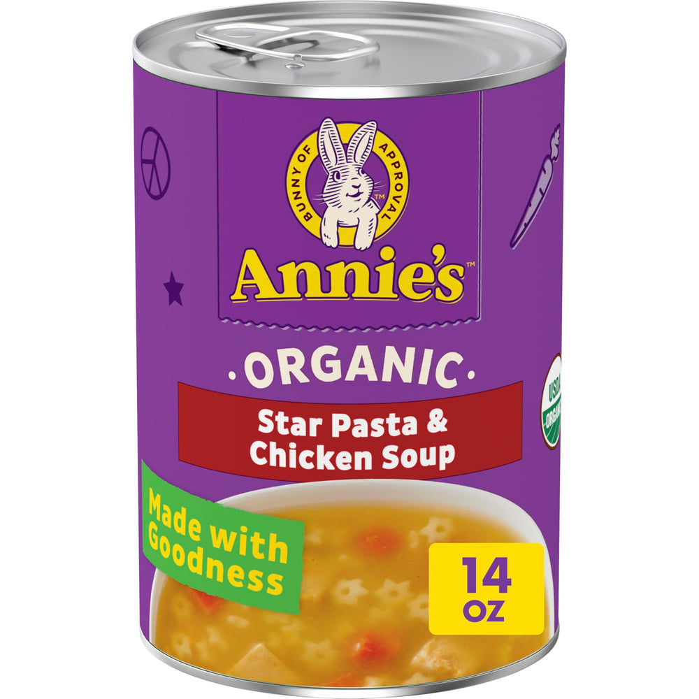 Annie’s Organic Star Pasta Chicken Soup can front, quick family meals.