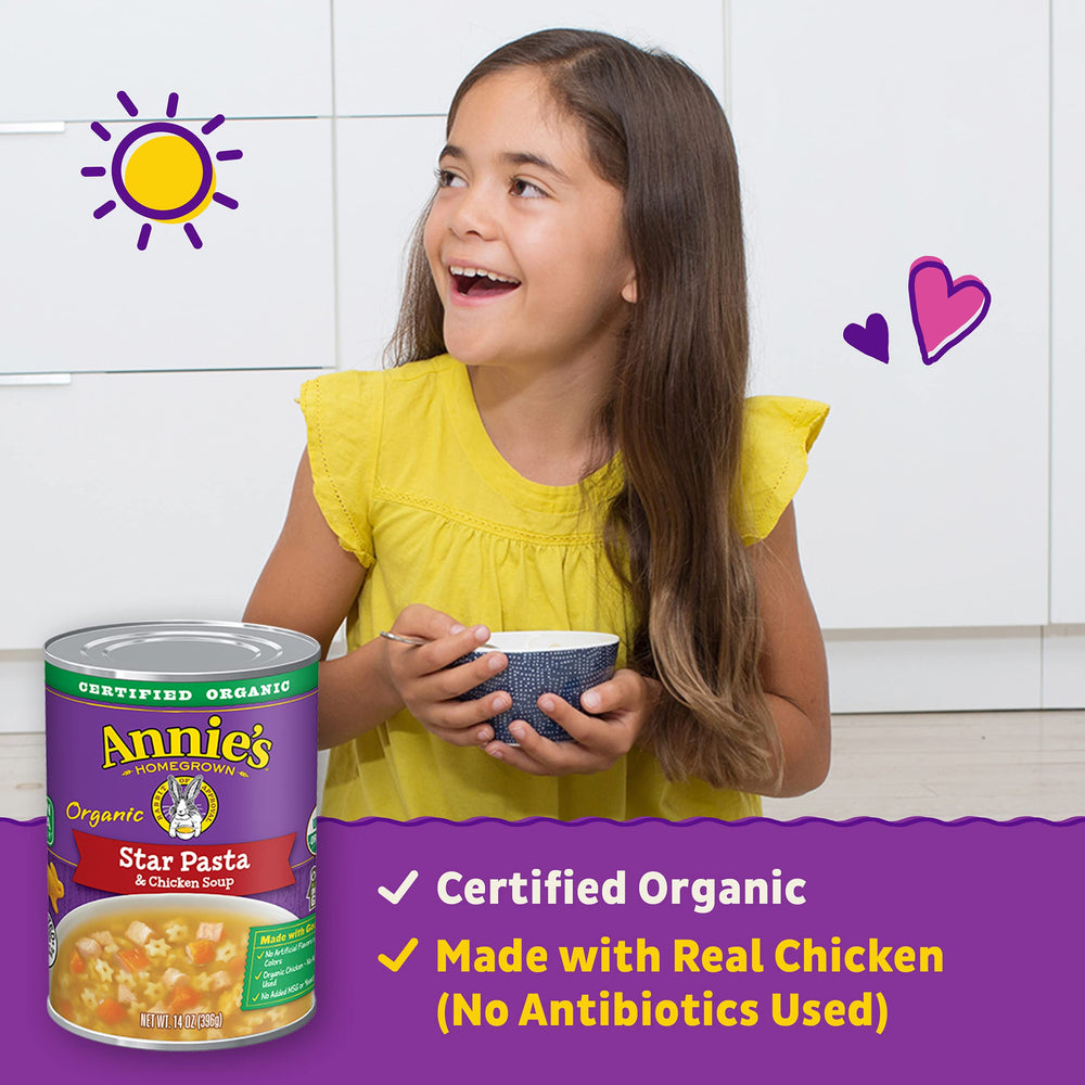 Annie’s Organic Star Pasta Chicken Soup organic carrots visible in vibrant color.