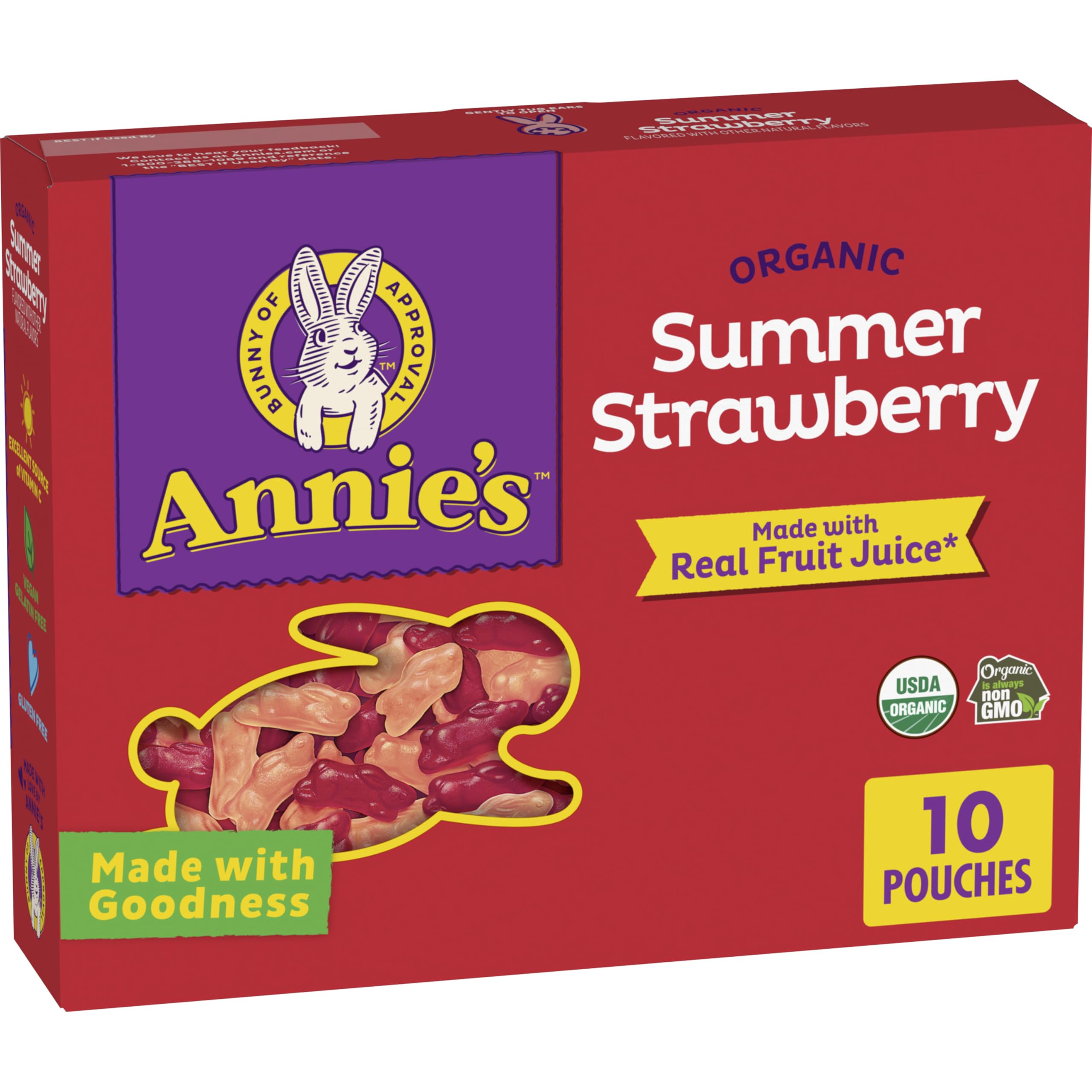 Annie's Organic Summer Strawberry Bunny Snacks box, ideal for lunch boxes and on-the-go snacking.