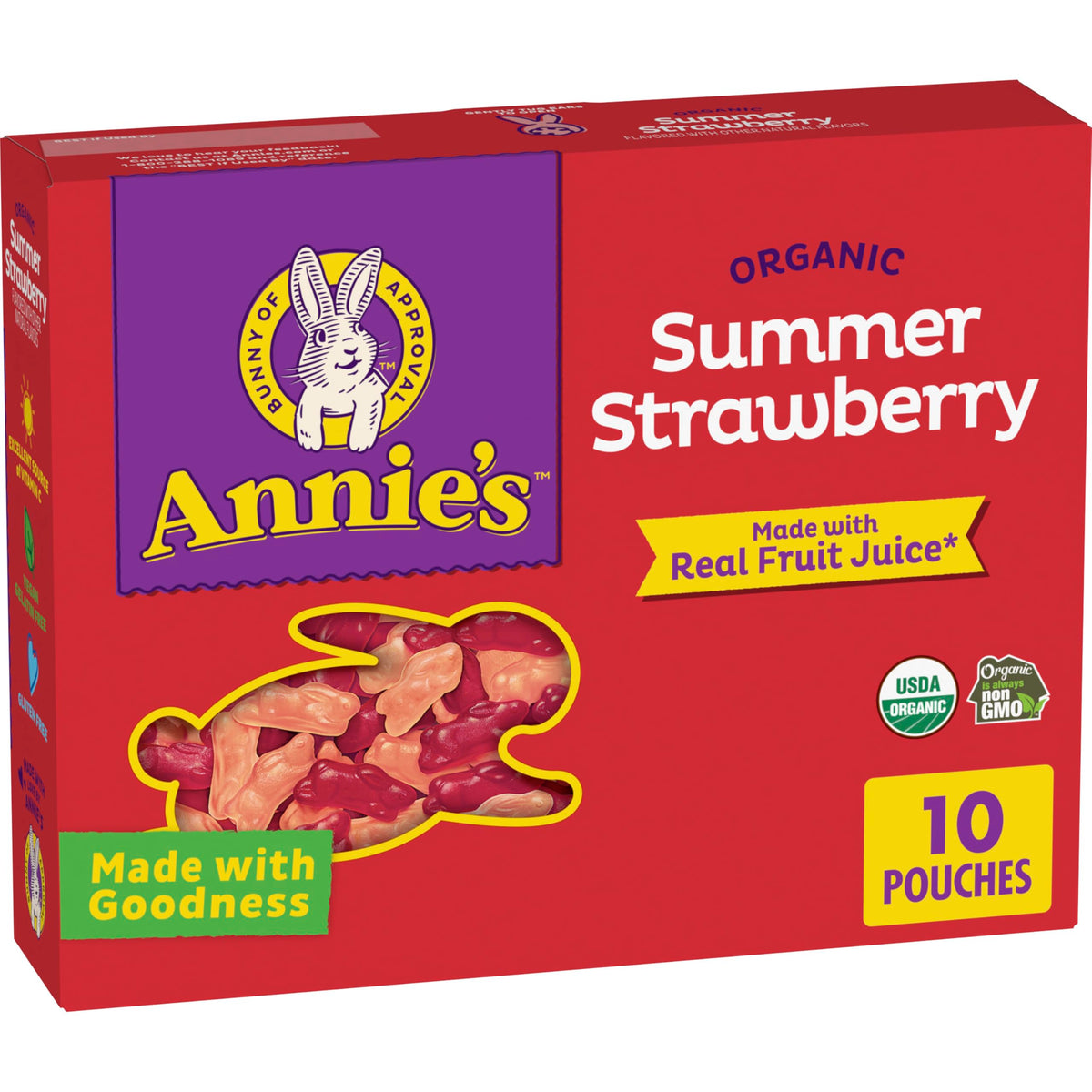 Annie's Organic Summer Strawberry Bunny Snacks box, ideal for lunch boxes and on-the-go snacking.