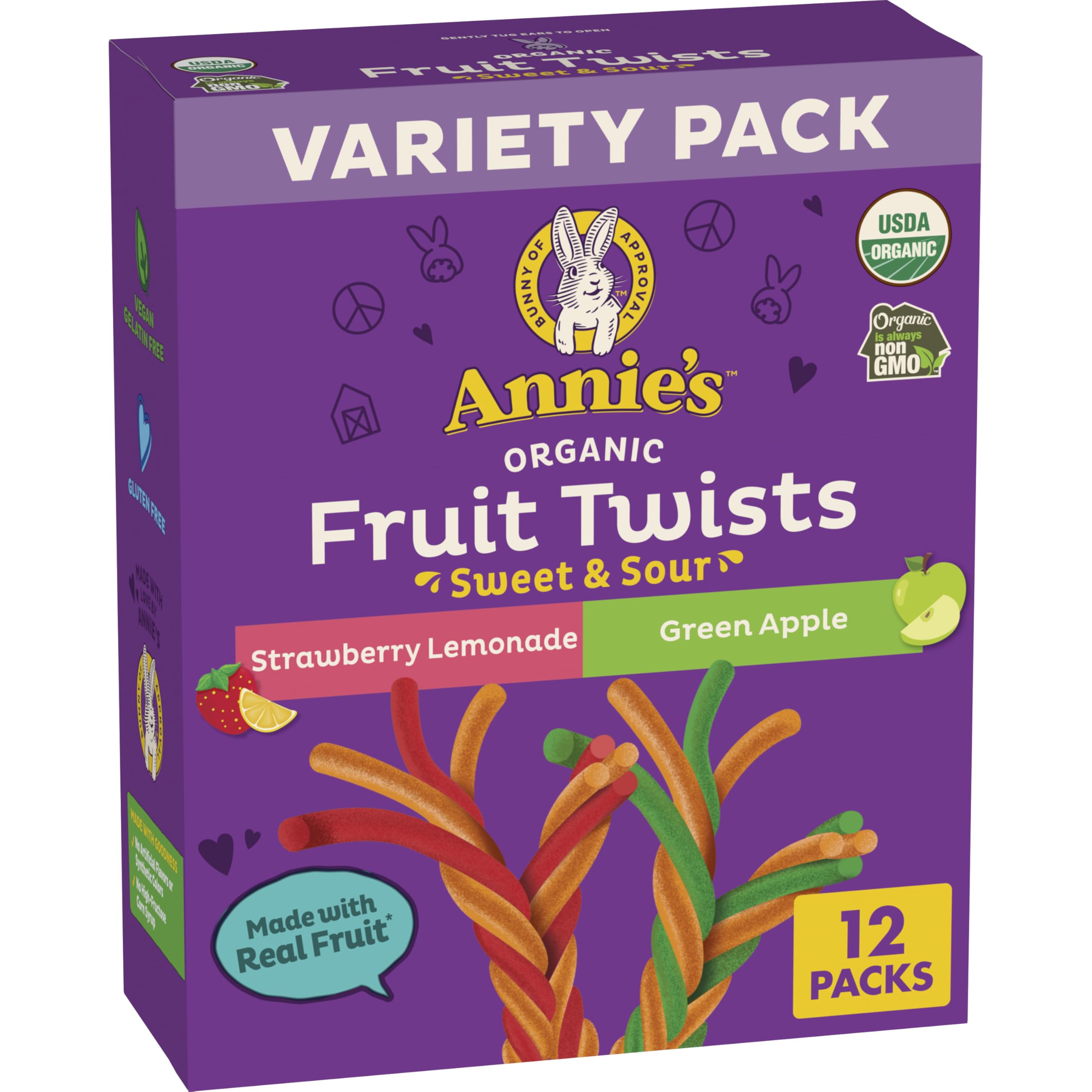 Annie's Strawberry Lemonade Fruit Twists in bag, vibrant colors ideal for lunchboxes and after-school snacks.