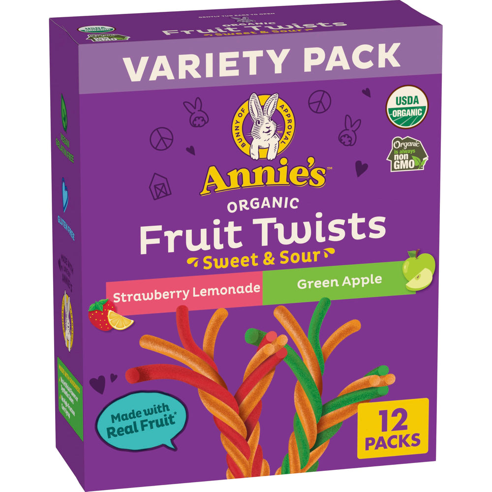 Annie's Strawberry Lemonade Fruit Twists in bag, vibrant colors ideal for lunchboxes and after-school snacks.