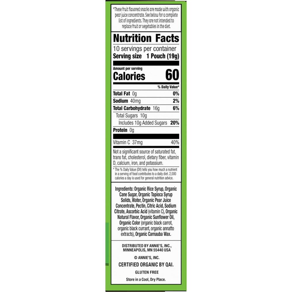 Annie's Organic Tropical Treat Bunny Fruit Snacks close-up shows real fruit juice and color.