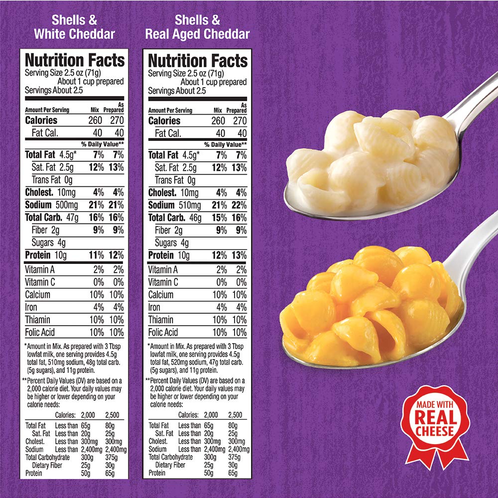Annie's Shells & Real Aged Cheddar box front highlighting a rich flavor in a wholesome dish